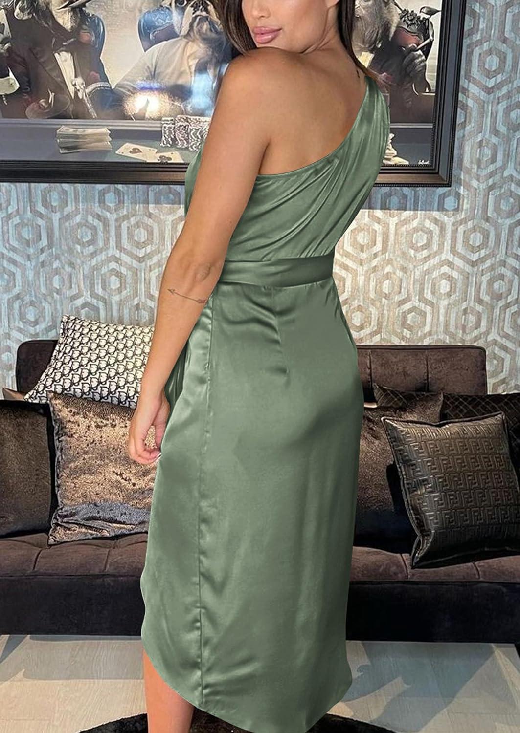 imagePRETTYGARDEN Womens Summer One Shoulder Ruched Satin Dress Sleeveless Wrap Spring Wedding Guest Cocktail Midi DressArmy Green