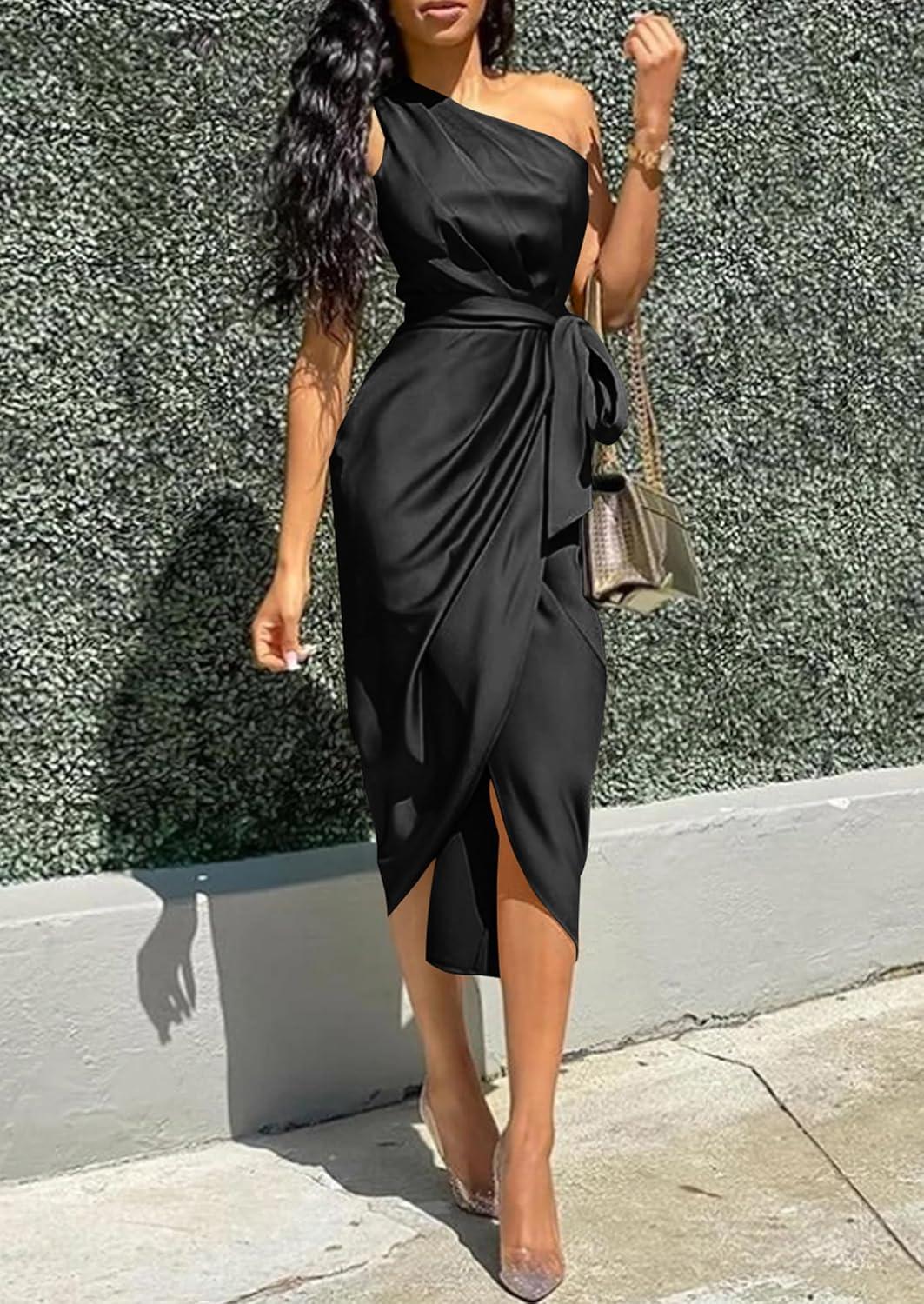imagePRETTYGARDEN Womens Summer One Shoulder Ruched Satin Dress Sleeveless Wrap Spring Wedding Guest Cocktail Midi DressBlack