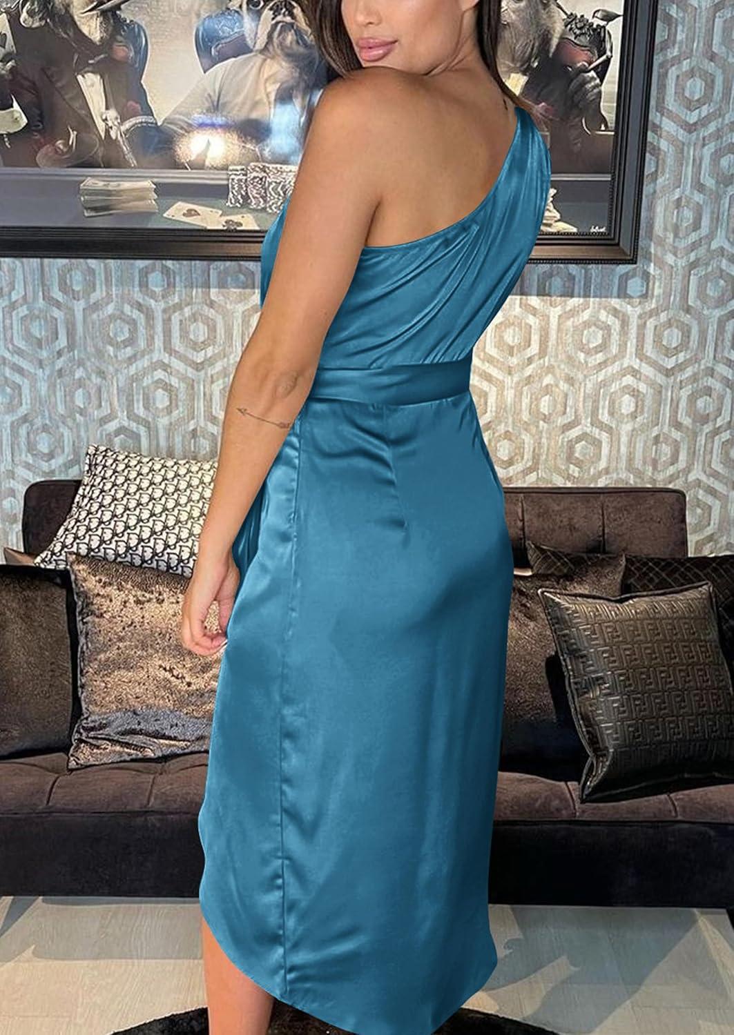 imagePRETTYGARDEN Womens Summer One Shoulder Ruched Satin Dress Sleeveless Wrap Spring Wedding Guest Cocktail Midi DressBlue