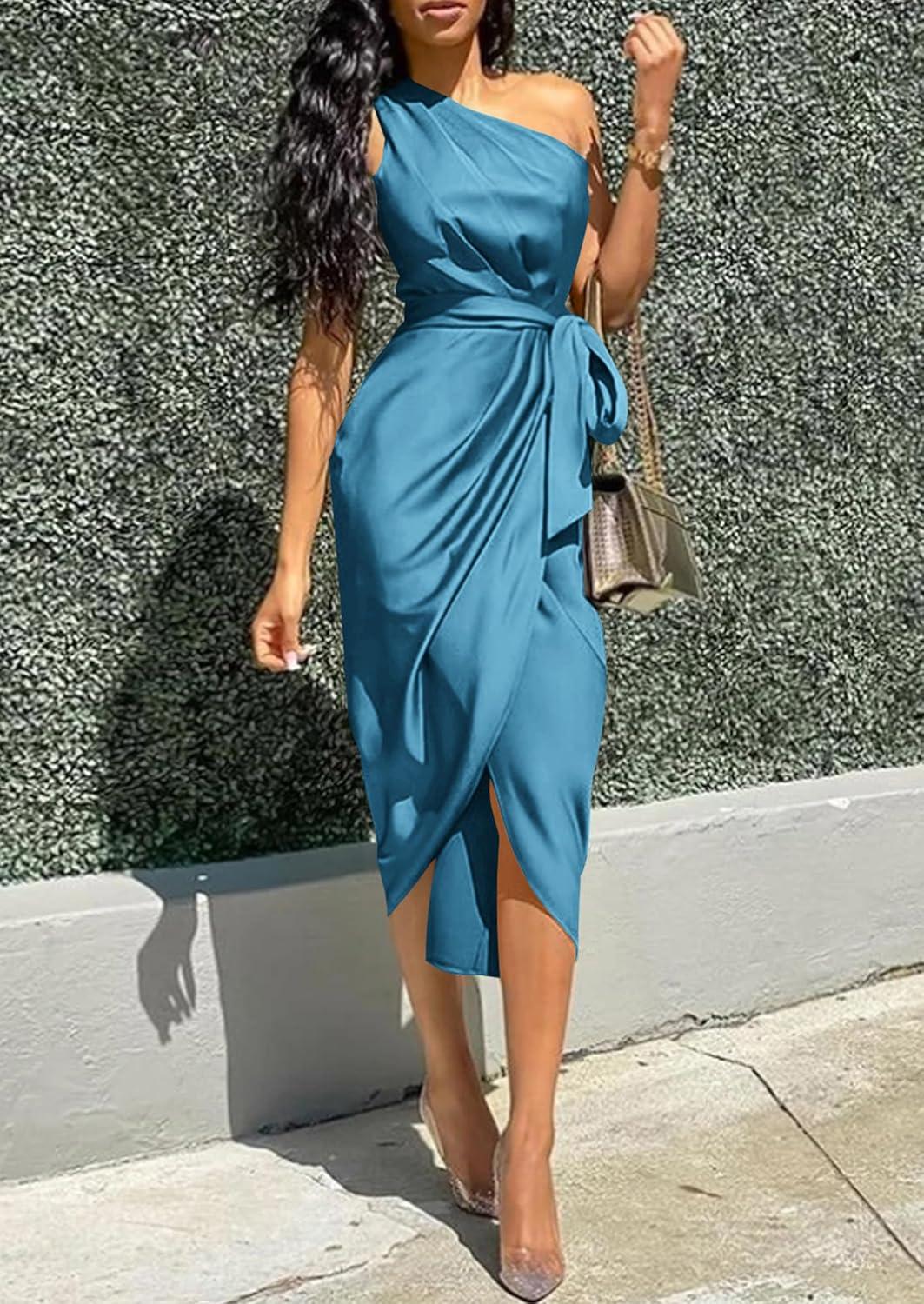 imagePRETTYGARDEN Womens Summer One Shoulder Ruched Satin Dress Sleeveless Wrap Spring Wedding Guest Cocktail Midi DressBlue