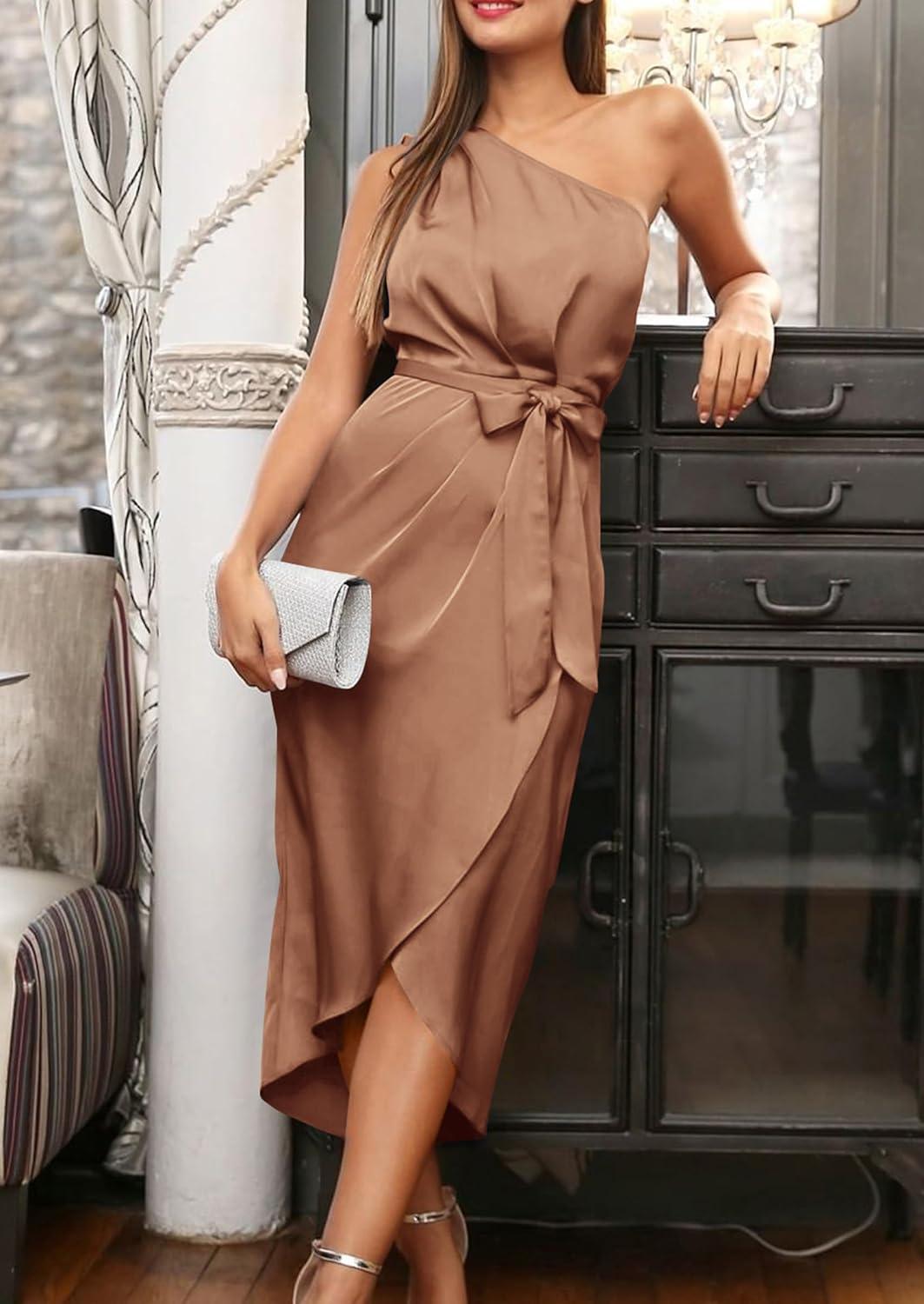 imagePRETTYGARDEN Womens Summer One Shoulder Ruched Satin Dress Sleeveless Wrap Spring Wedding Guest Cocktail Midi DressBrown
