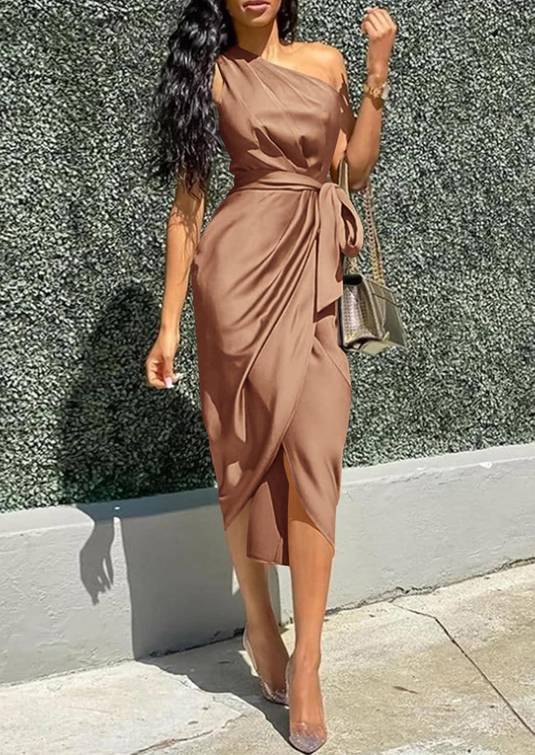 imagePRETTYGARDEN Womens Summer One Shoulder Ruched Satin Dress Sleeveless Wrap Spring Wedding Guest Cocktail Midi DressBrown