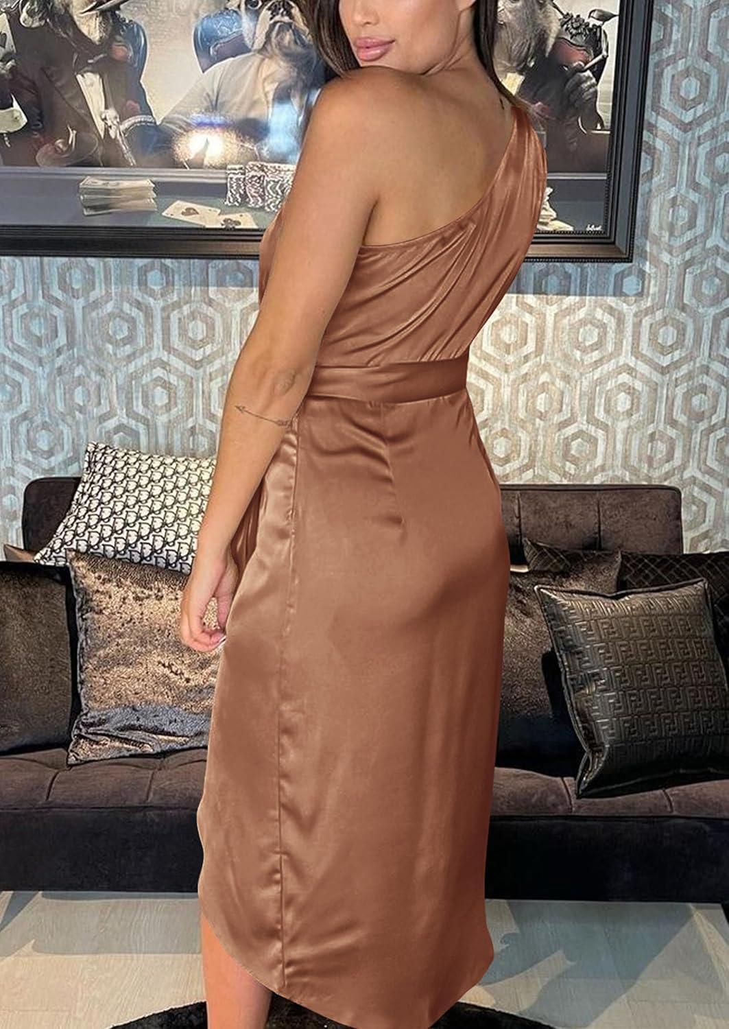 imagePRETTYGARDEN Womens Summer One Shoulder Ruched Satin Dress Sleeveless Wrap Spring Wedding Guest Cocktail Midi DressBrown