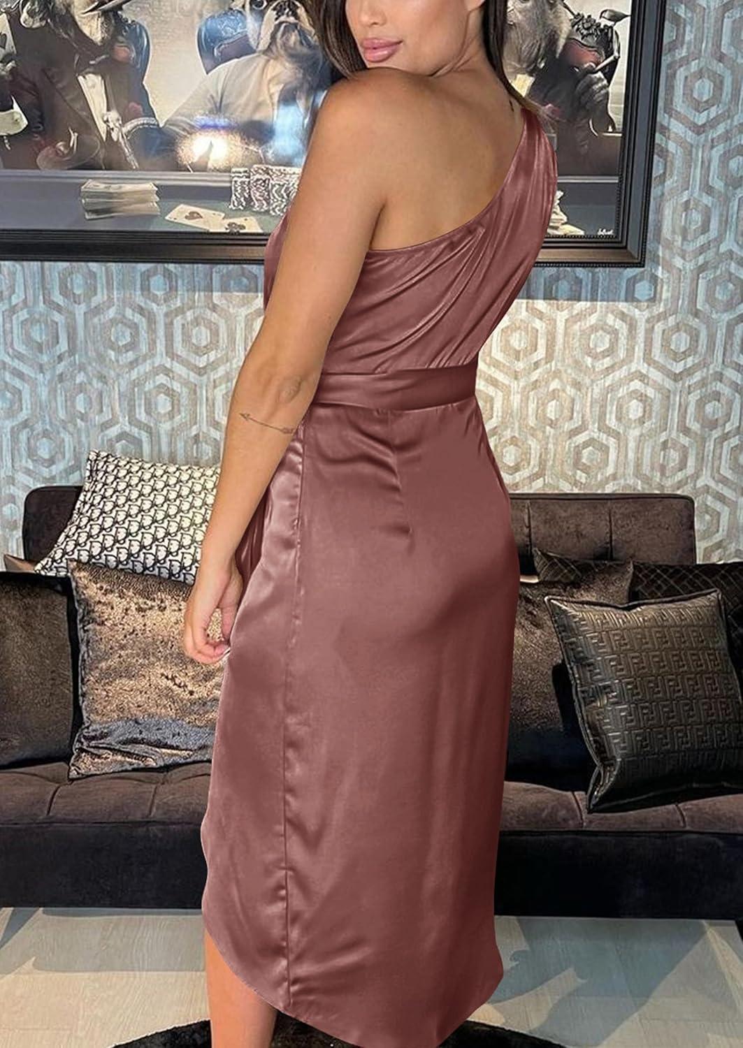 imagePRETTYGARDEN Womens Summer One Shoulder Ruched Satin Dress Sleeveless Wrap Spring Wedding Guest Cocktail Midi DressBrown Red