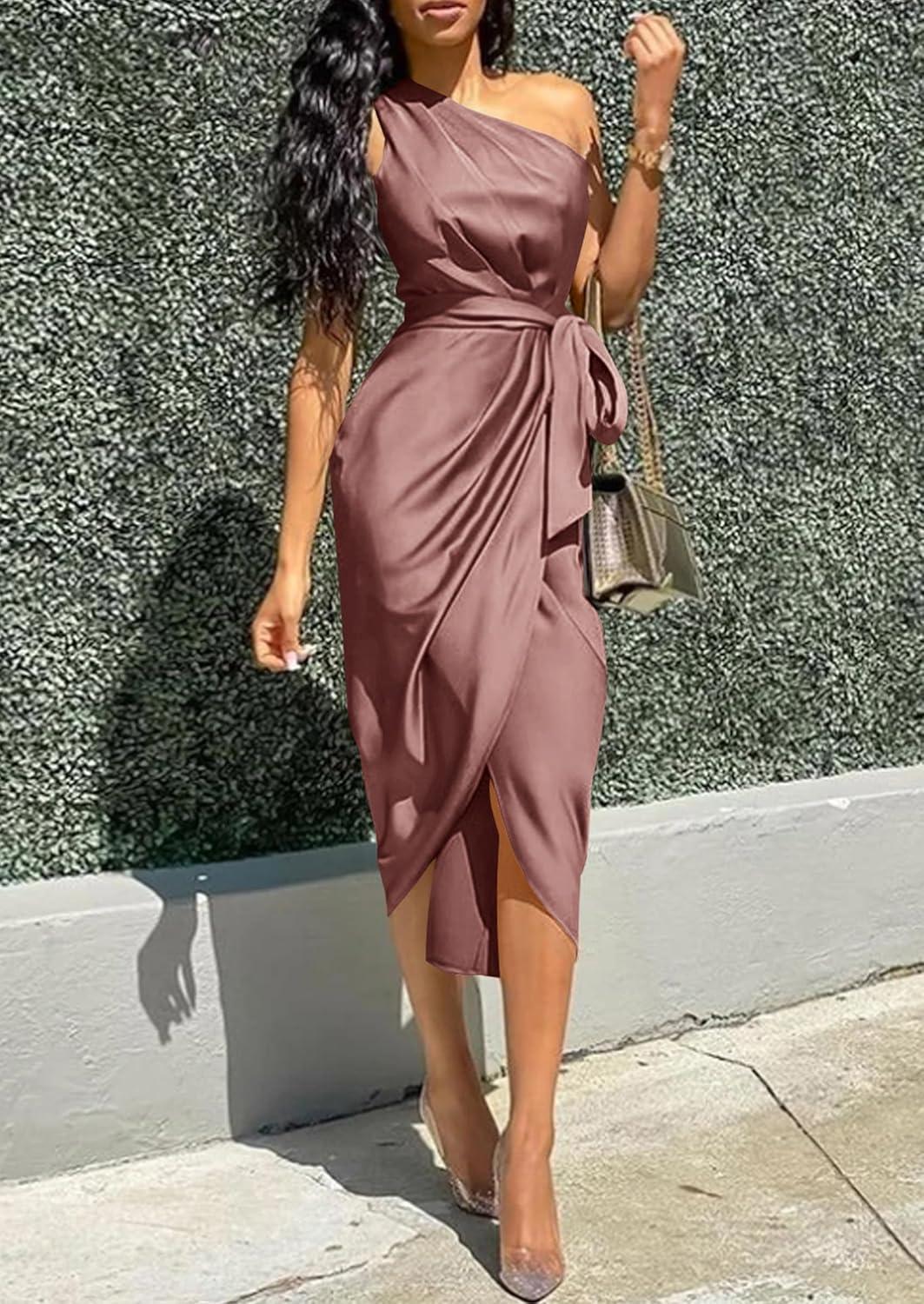imagePRETTYGARDEN Womens Summer One Shoulder Ruched Satin Dress Sleeveless Wrap Spring Wedding Guest Cocktail Midi DressBrown Red