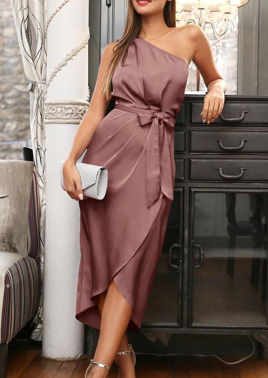 imagePRETTYGARDEN Womens Summer One Shoulder Ruched Satin Dress Sleeveless Wrap Spring Wedding Guest Cocktail Midi DressBrown Red