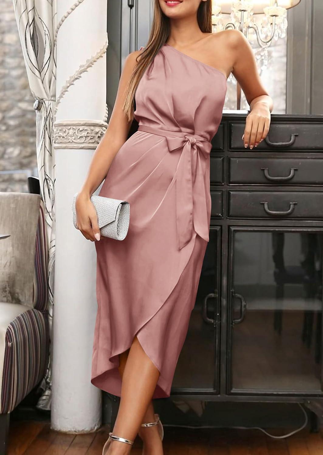 imagePRETTYGARDEN Womens Summer One Shoulder Ruched Satin Dress Sleeveless Wrap Spring Wedding Guest Cocktail Midi DressDark Pink