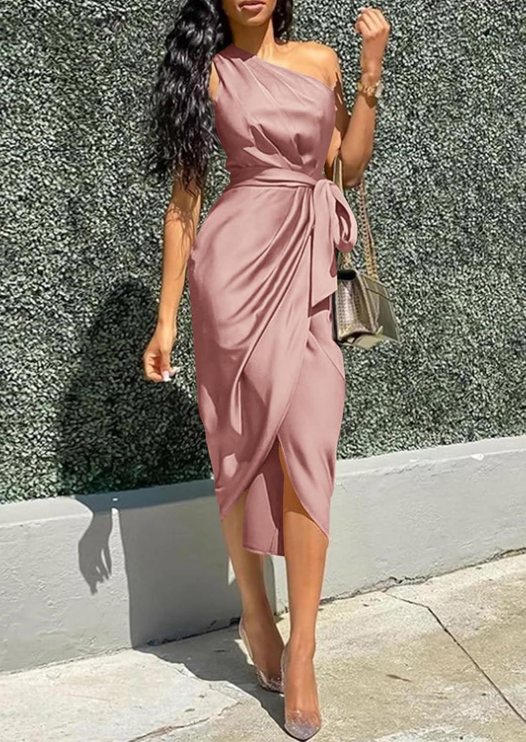 imagePRETTYGARDEN Womens Summer One Shoulder Ruched Satin Dress Sleeveless Wrap Spring Wedding Guest Cocktail Midi DressDark Pink