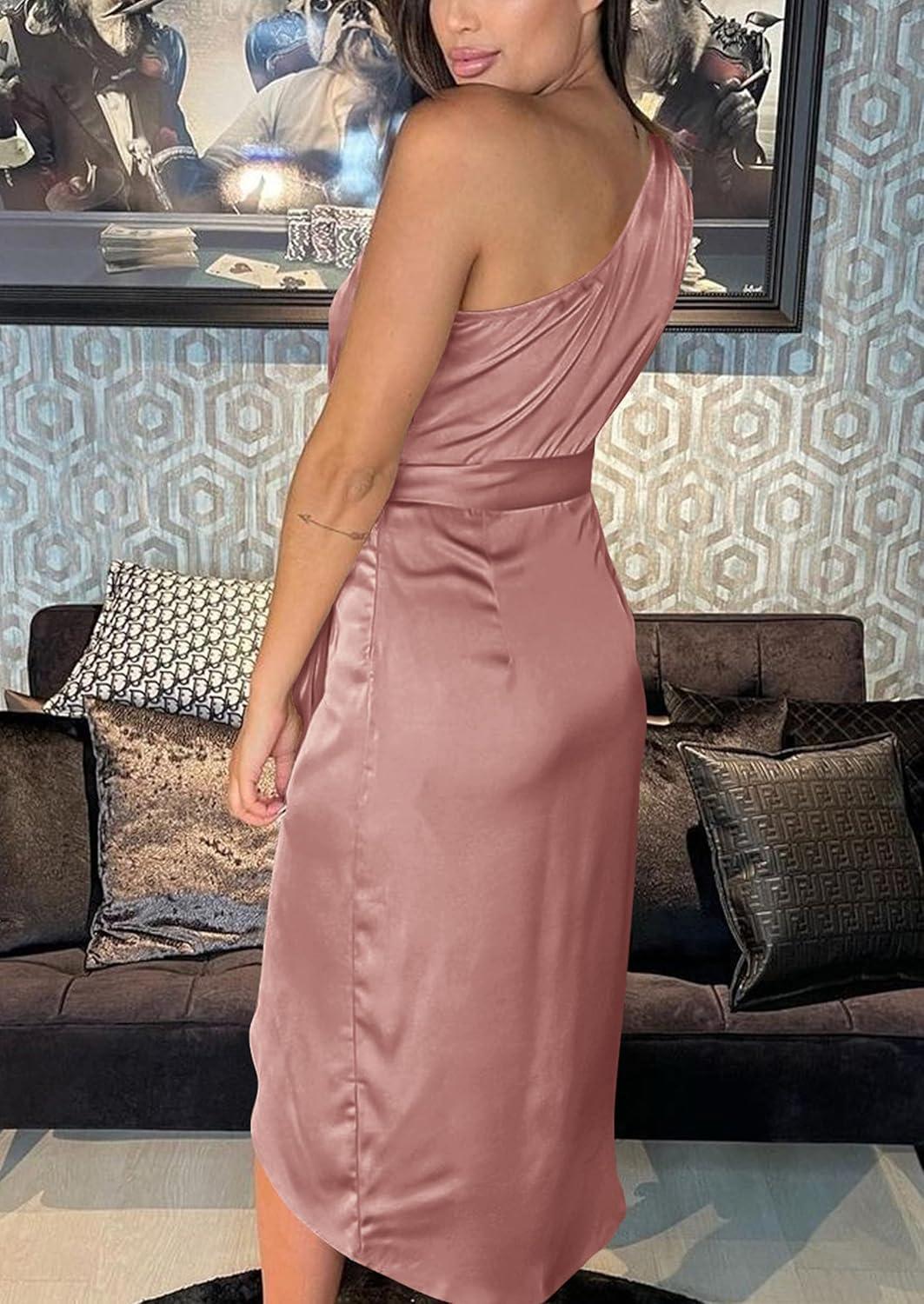 imagePRETTYGARDEN Womens Summer One Shoulder Ruched Satin Dress Sleeveless Wrap Spring Wedding Guest Cocktail Midi DressDark Pink