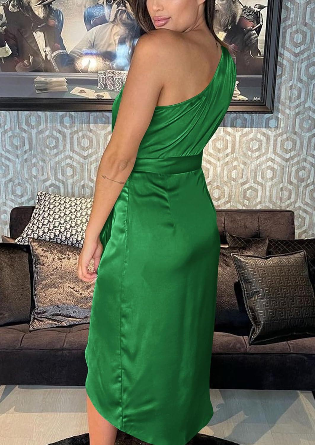 imagePRETTYGARDEN Womens Summer One Shoulder Ruched Satin Dress Sleeveless Wrap Spring Wedding Guest Cocktail Midi DressGreen