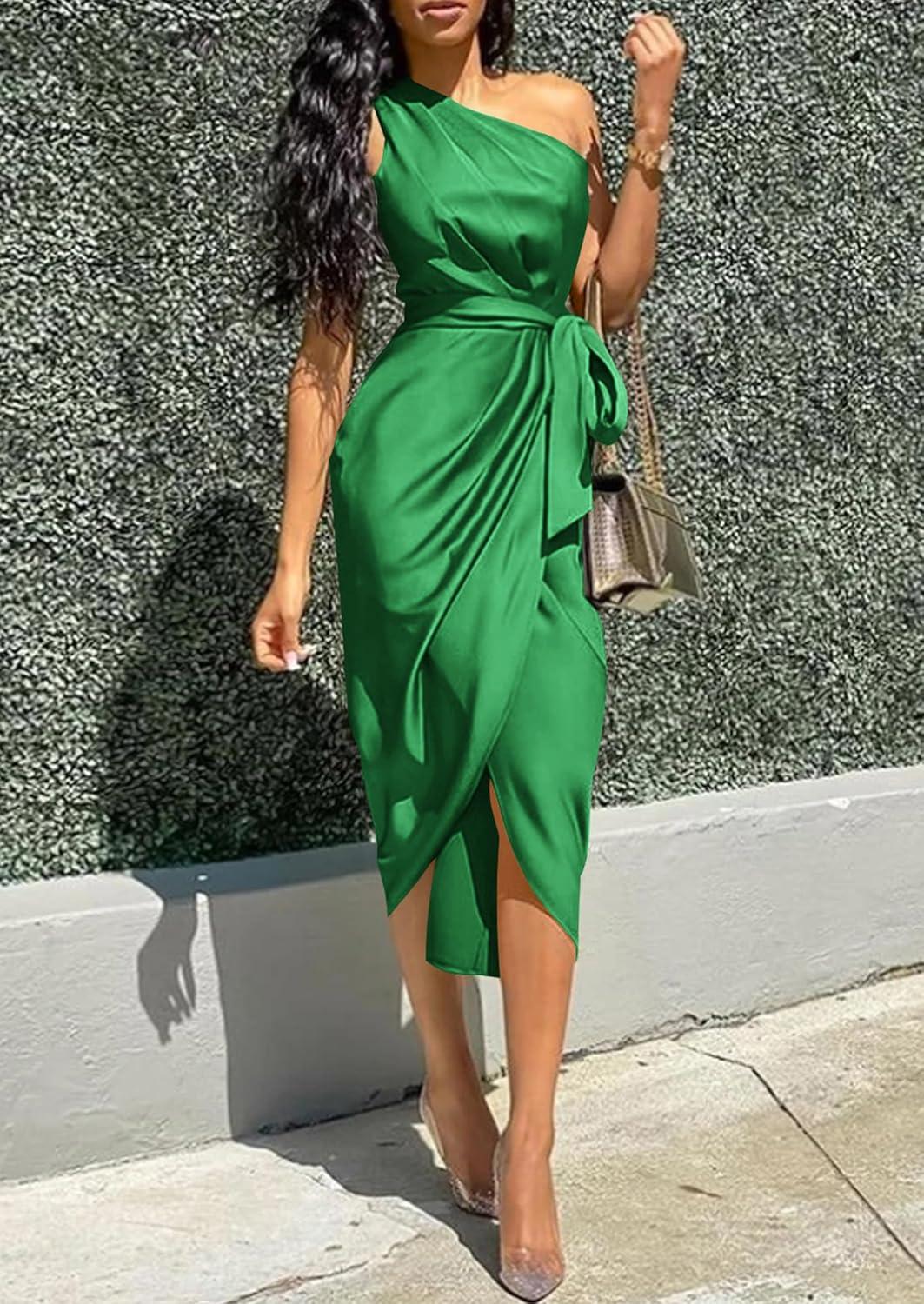 imagePRETTYGARDEN Womens Summer One Shoulder Ruched Satin Dress Sleeveless Wrap Spring Wedding Guest Cocktail Midi DressGreen