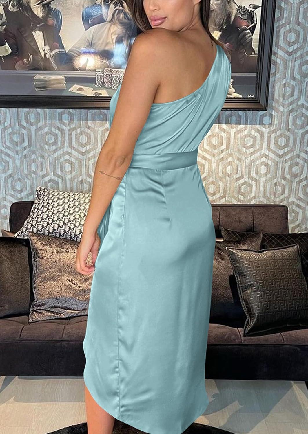 imagePRETTYGARDEN Womens Summer One Shoulder Ruched Satin Dress Sleeveless Wrap Spring Wedding Guest Cocktail Midi DressLight Blue