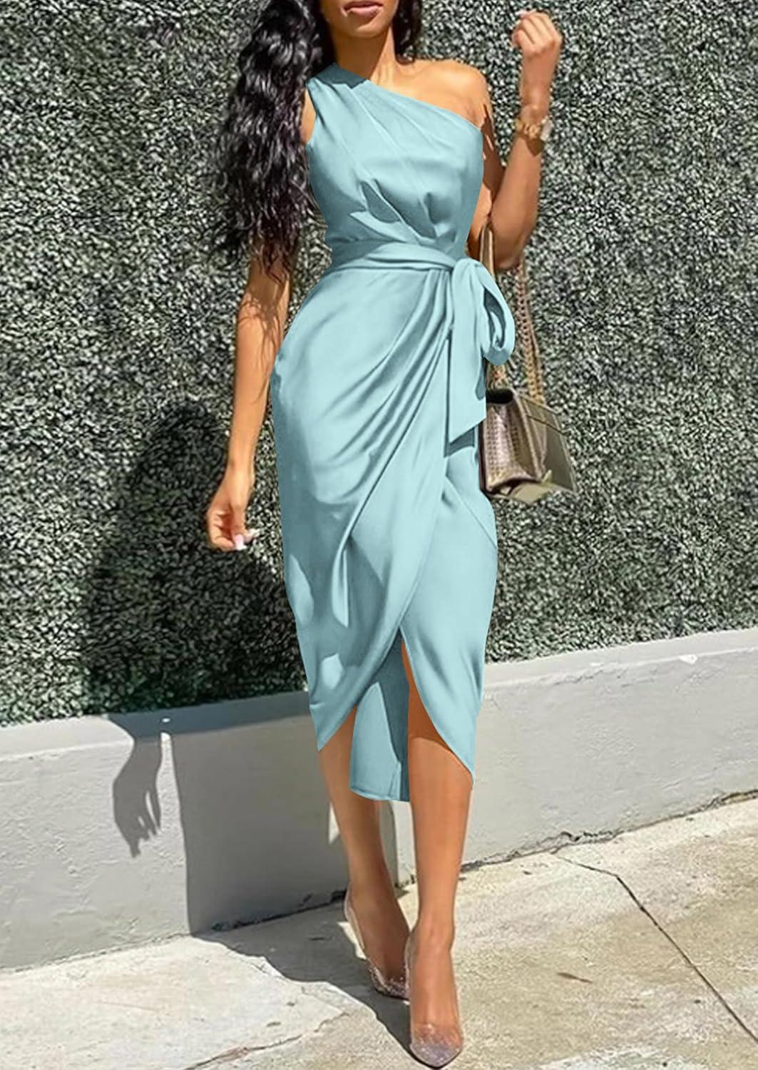 imagePRETTYGARDEN Womens Summer One Shoulder Ruched Satin Dress Sleeveless Wrap Spring Wedding Guest Cocktail Midi DressLight Blue