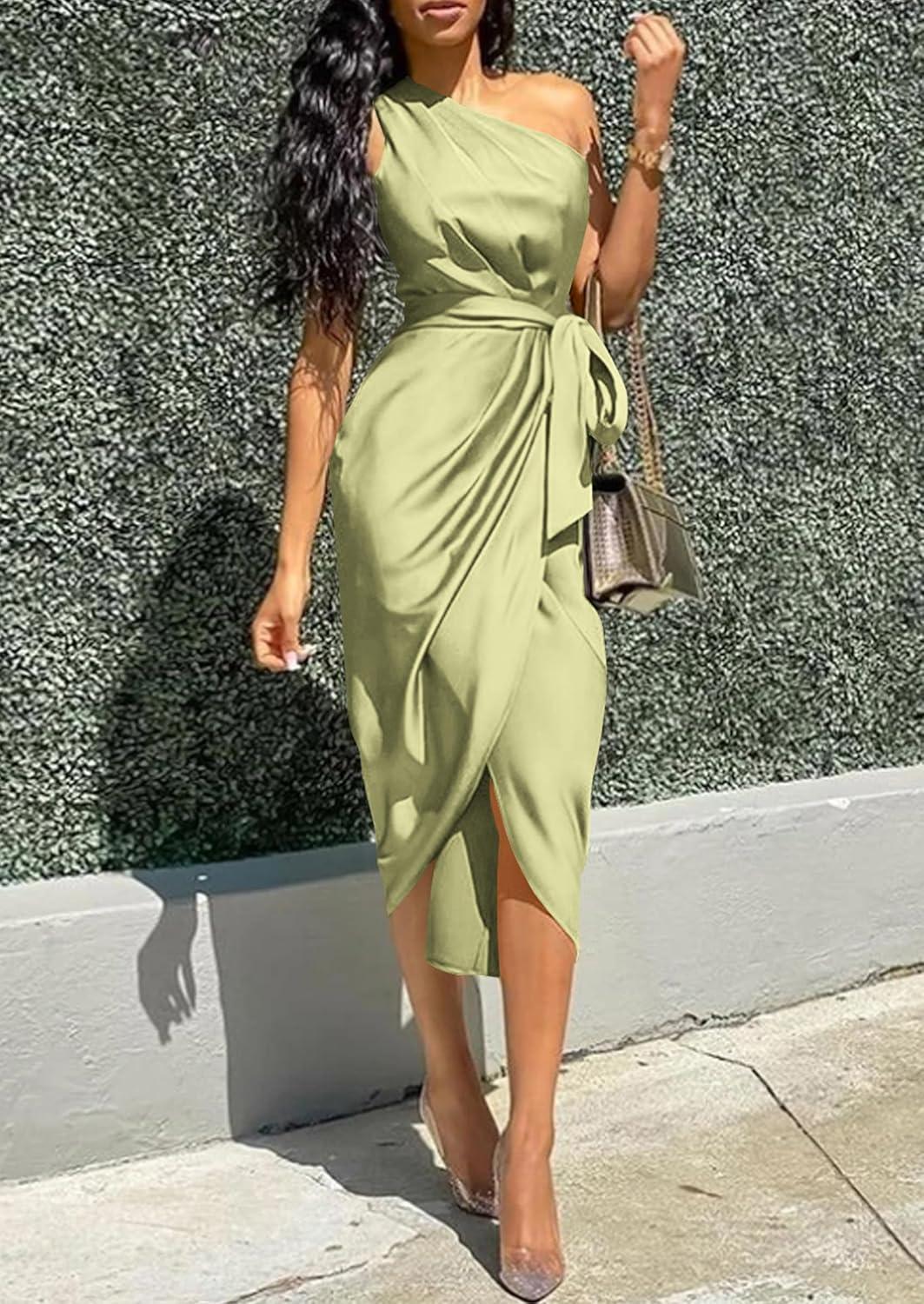 imagePRETTYGARDEN Womens Summer One Shoulder Ruched Satin Dress Sleeveless Wrap Spring Wedding Guest Cocktail Midi DressLight Green