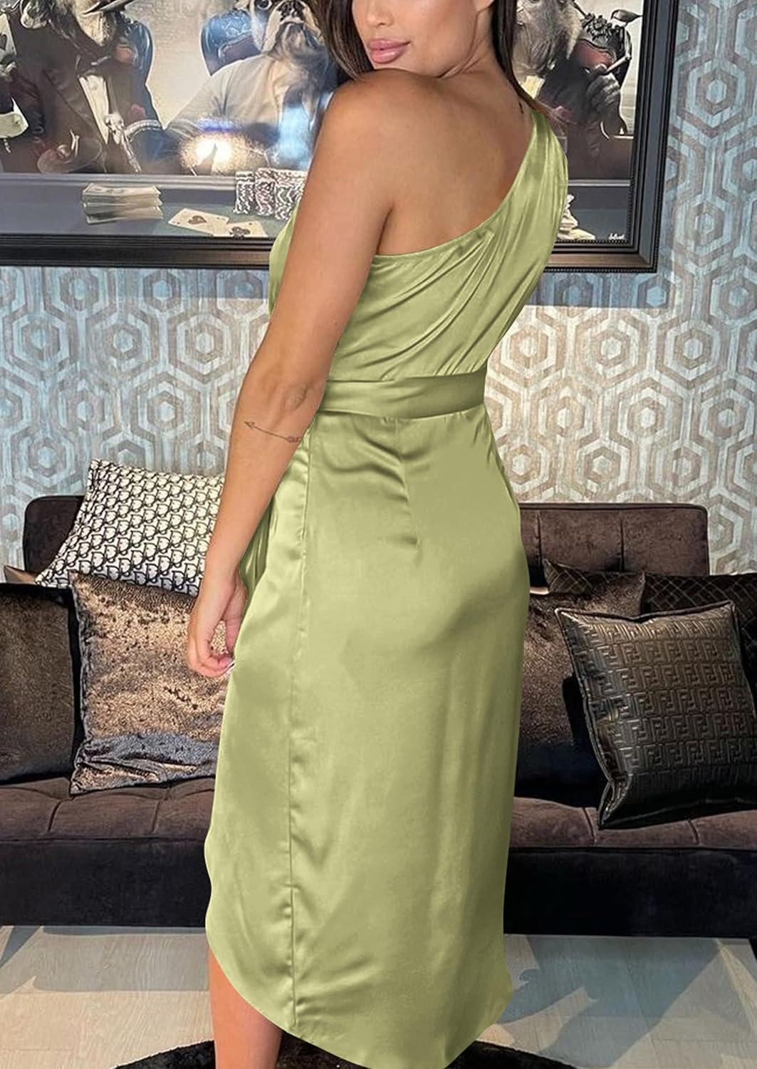 imagePRETTYGARDEN Womens Summer One Shoulder Ruched Satin Dress Sleeveless Wrap Spring Wedding Guest Cocktail Midi DressLight Green