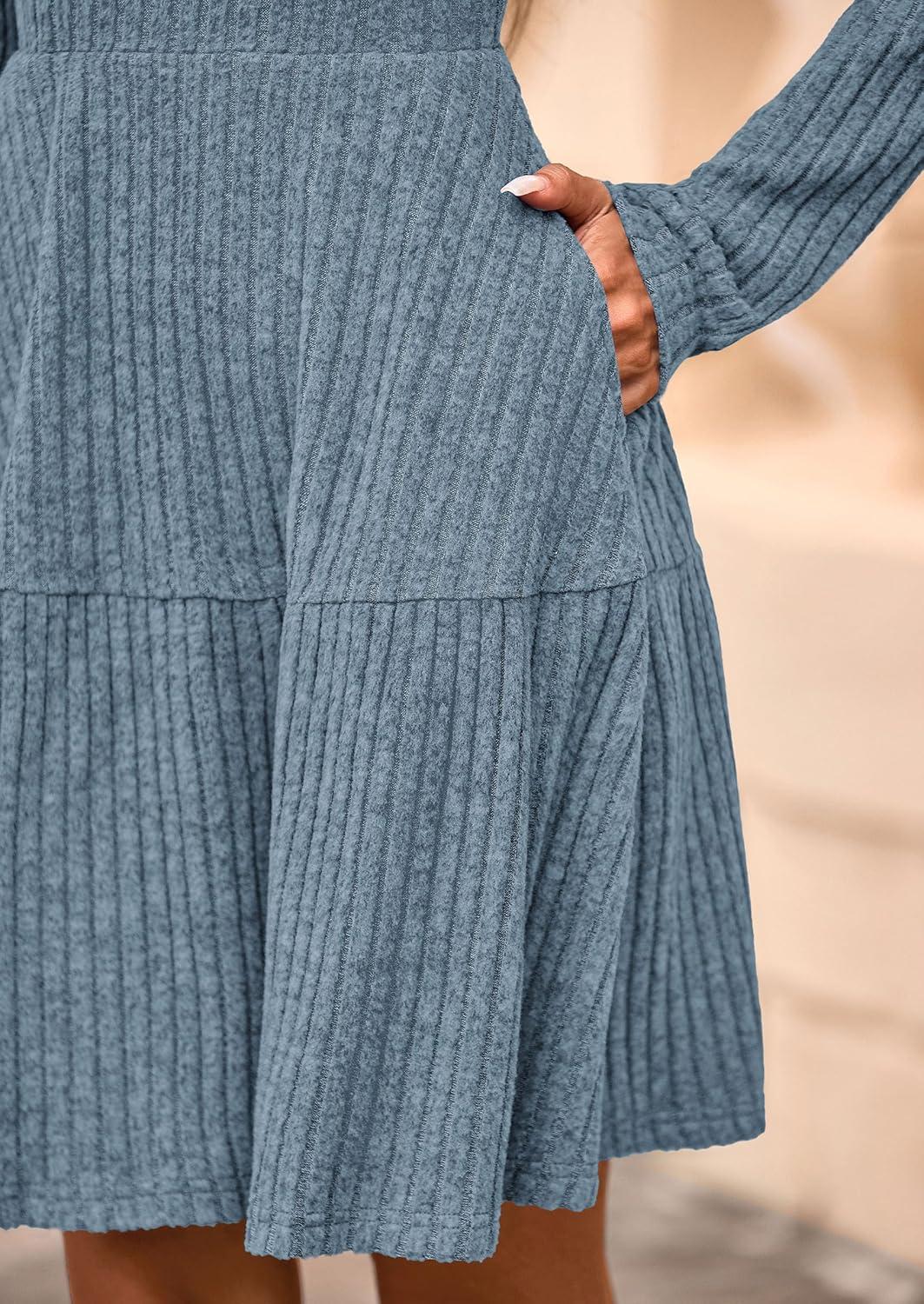 imagePRETTYGARDEN Womens Sweater Dress 2026 Fall Long Sleeve V Neck A Line Fit and Flare Ribbed Short Dresses Knit Outfits PocketsGrey Blue