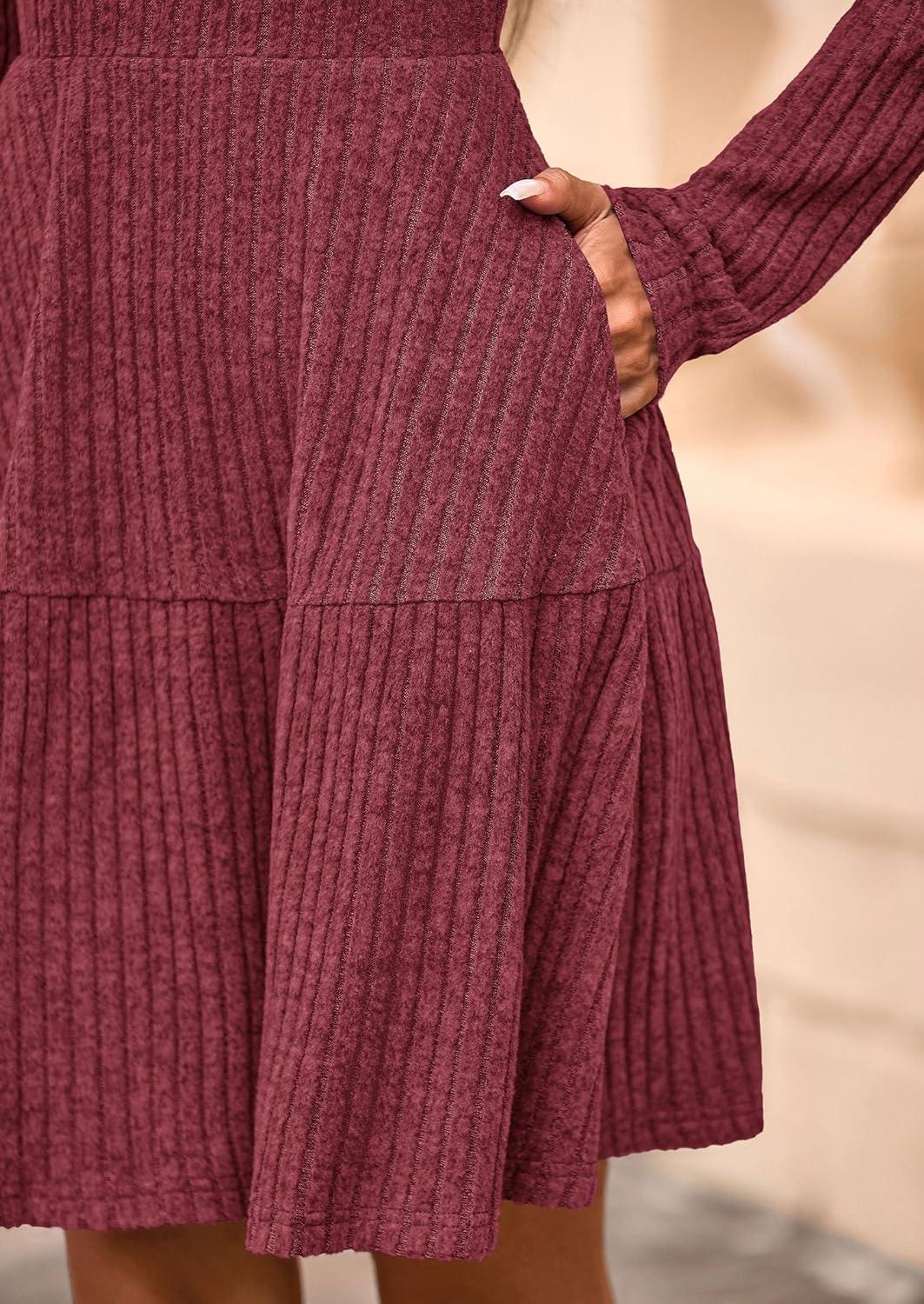 imagePRETTYGARDEN Womens Sweater Dress 2026 Fall Long Sleeve V Neck A Line Fit and Flare Ribbed Short Dresses Knit Outfits PocketsWine Red
