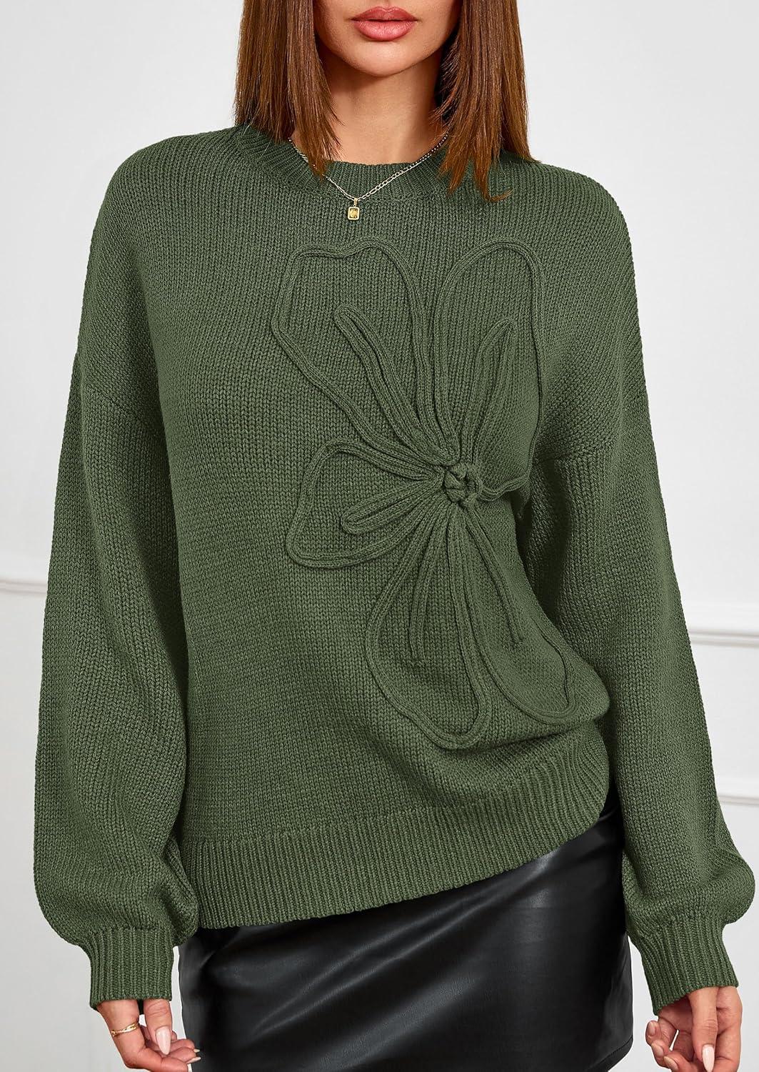 imagePRETTYGARDEN Womens Sweaters 2026 Fall Fashion Long Sleeve Crewneck Floral Knit Pullover Sweater Tops Winter ClothesArmy Green
