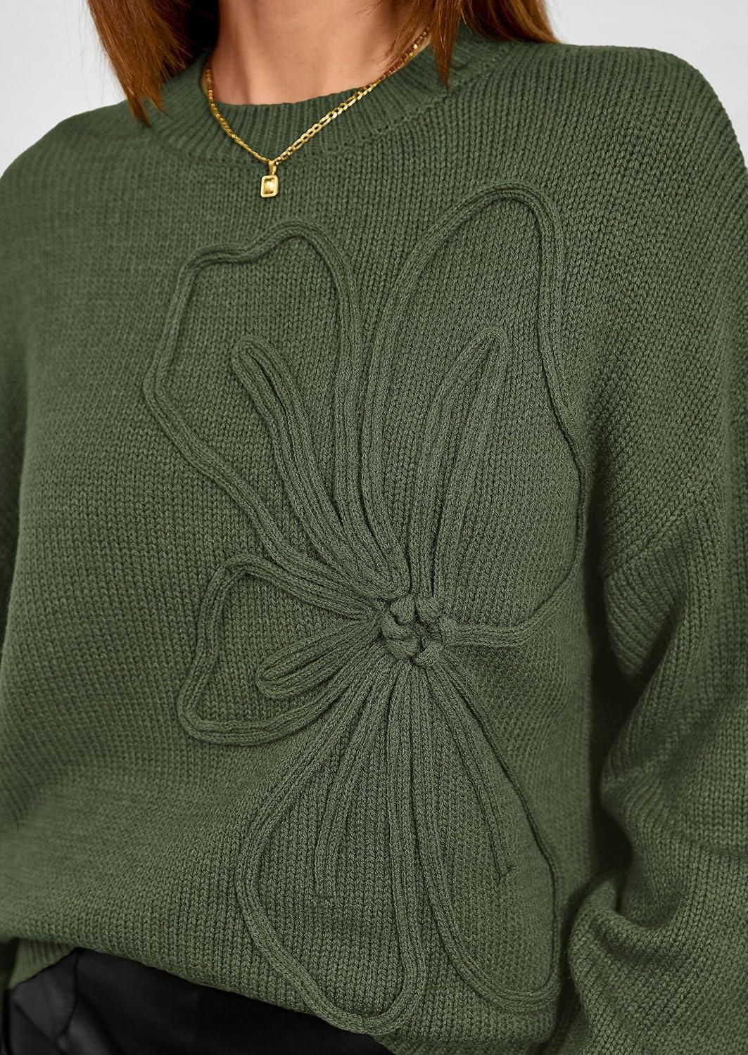 imagePRETTYGARDEN Womens Sweaters 2026 Fall Fashion Long Sleeve Crewneck Floral Knit Pullover Sweater Tops Winter ClothesArmy Green
