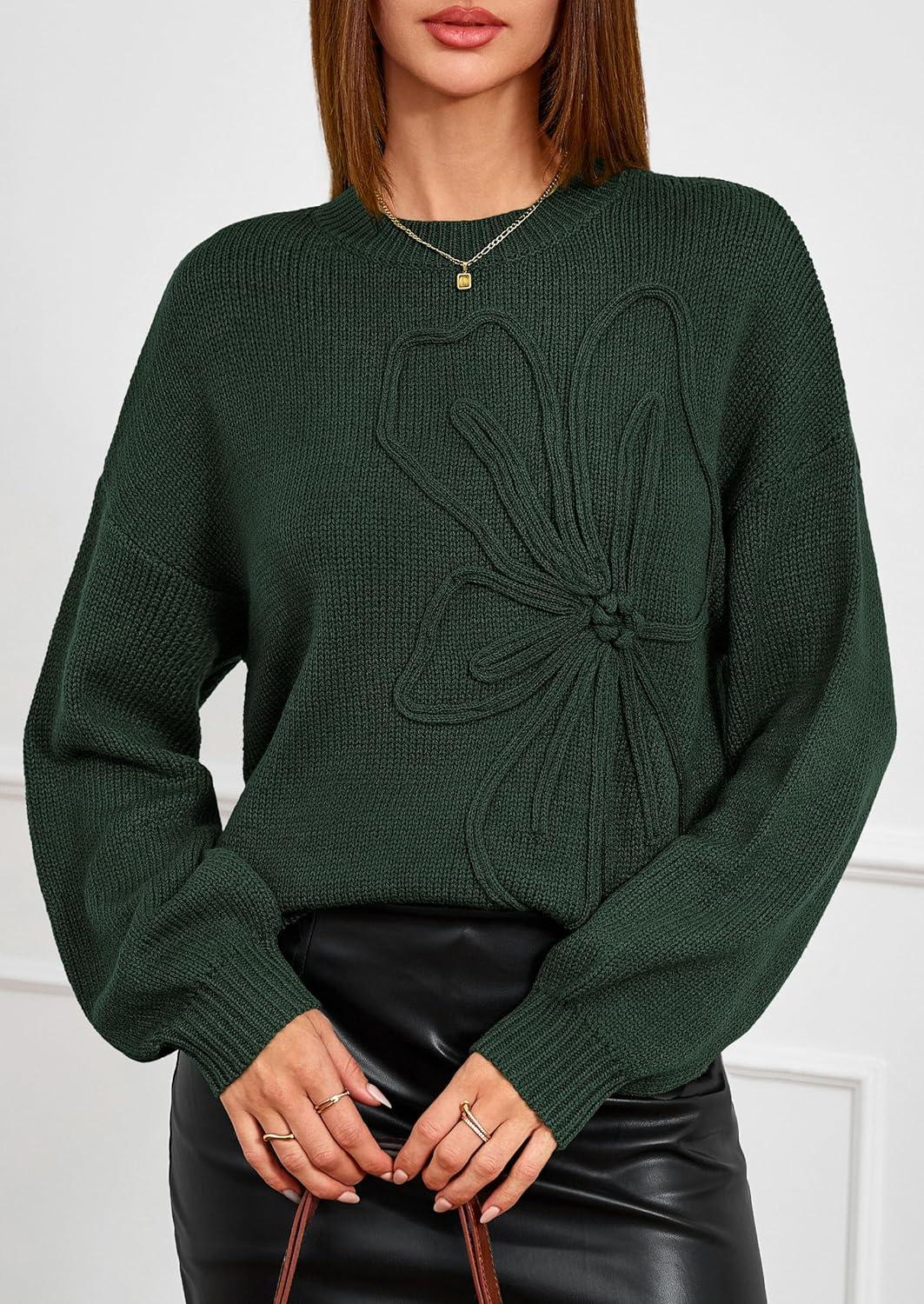 imagePRETTYGARDEN Womens Sweaters 2026 Fall Fashion Long Sleeve Crewneck Floral Knit Pullover Sweater Tops Winter ClothesDark Green