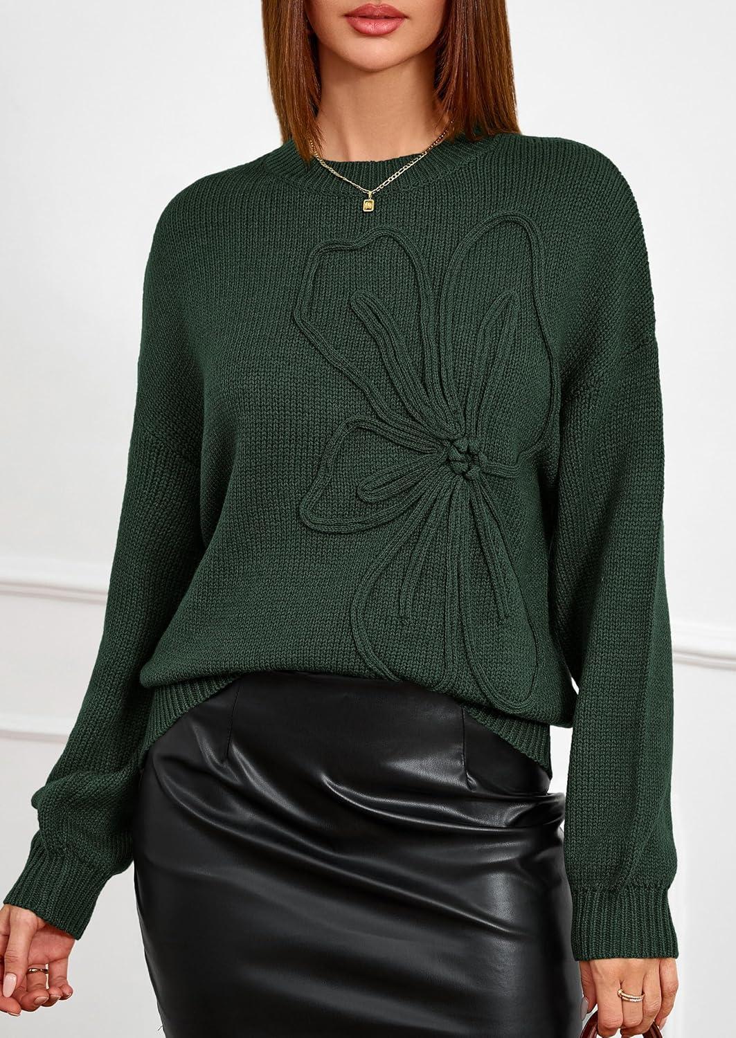 imagePRETTYGARDEN Womens Sweaters 2026 Fall Fashion Long Sleeve Crewneck Floral Knit Pullover Sweater Tops Winter ClothesDark Green
