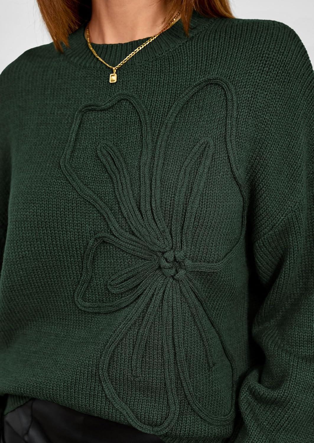 imagePRETTYGARDEN Womens Sweaters 2026 Fall Fashion Long Sleeve Crewneck Floral Knit Pullover Sweater Tops Winter ClothesDark Green