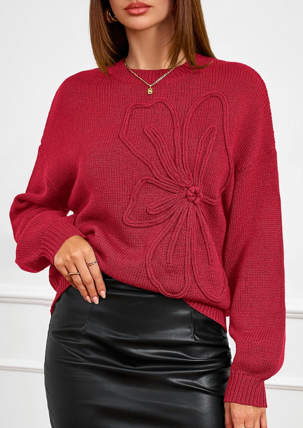 imagePRETTYGARDEN Womens Sweaters 2026 Fall Fashion Long Sleeve Crewneck Floral Knit Pullover Sweater Tops Winter ClothesRed