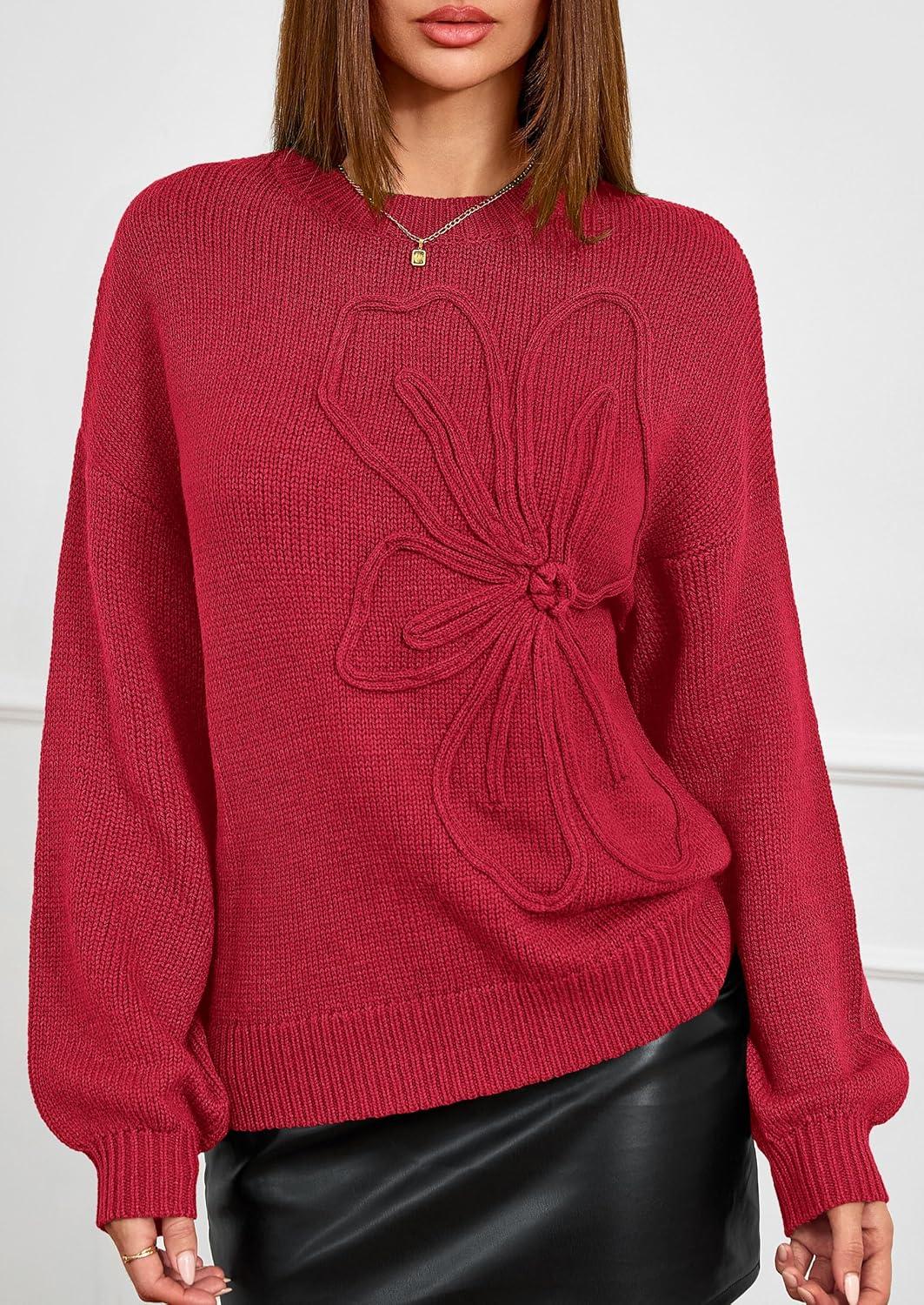 imagePRETTYGARDEN Womens Sweaters 2026 Fall Fashion Long Sleeve Crewneck Floral Knit Pullover Sweater Tops Winter ClothesRed