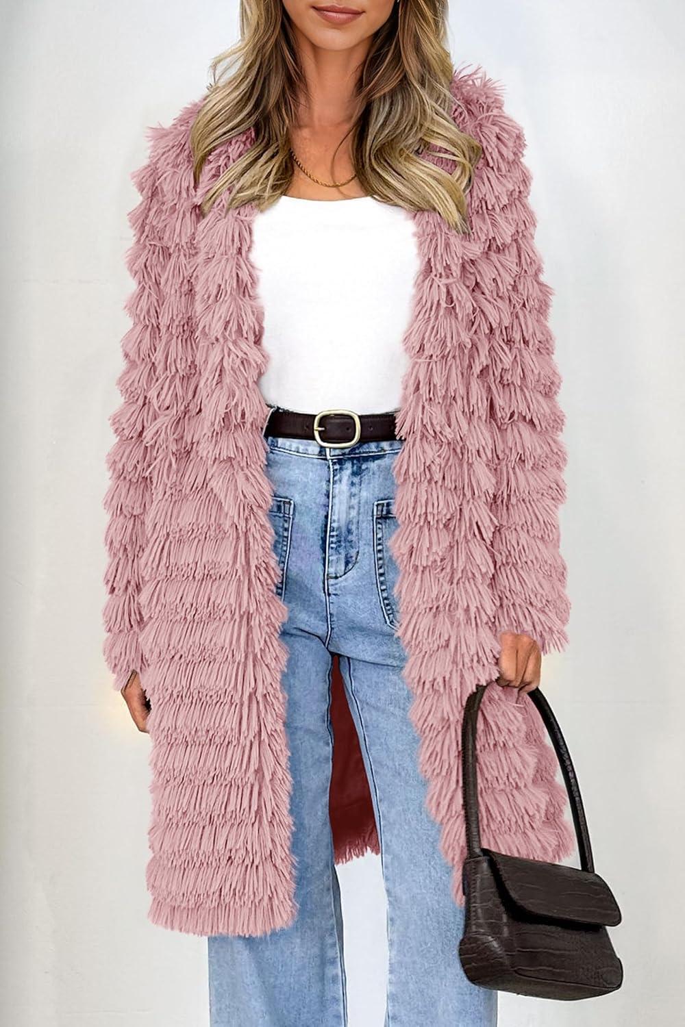 imagePRETTYGARDEN Womens Winter Faux Fur Jackets Fall Fashion Open Front Long Shaggy Coat Outerwear