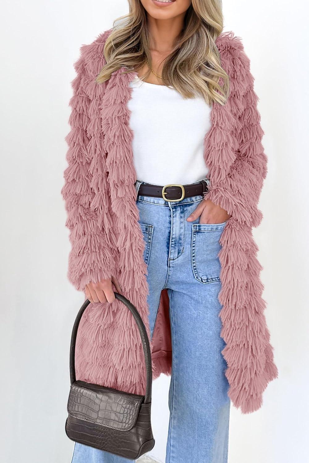 imagePRETTYGARDEN Womens Winter Faux Fur Jackets Fall Fashion Open Front Long Shaggy Coat Outerwear