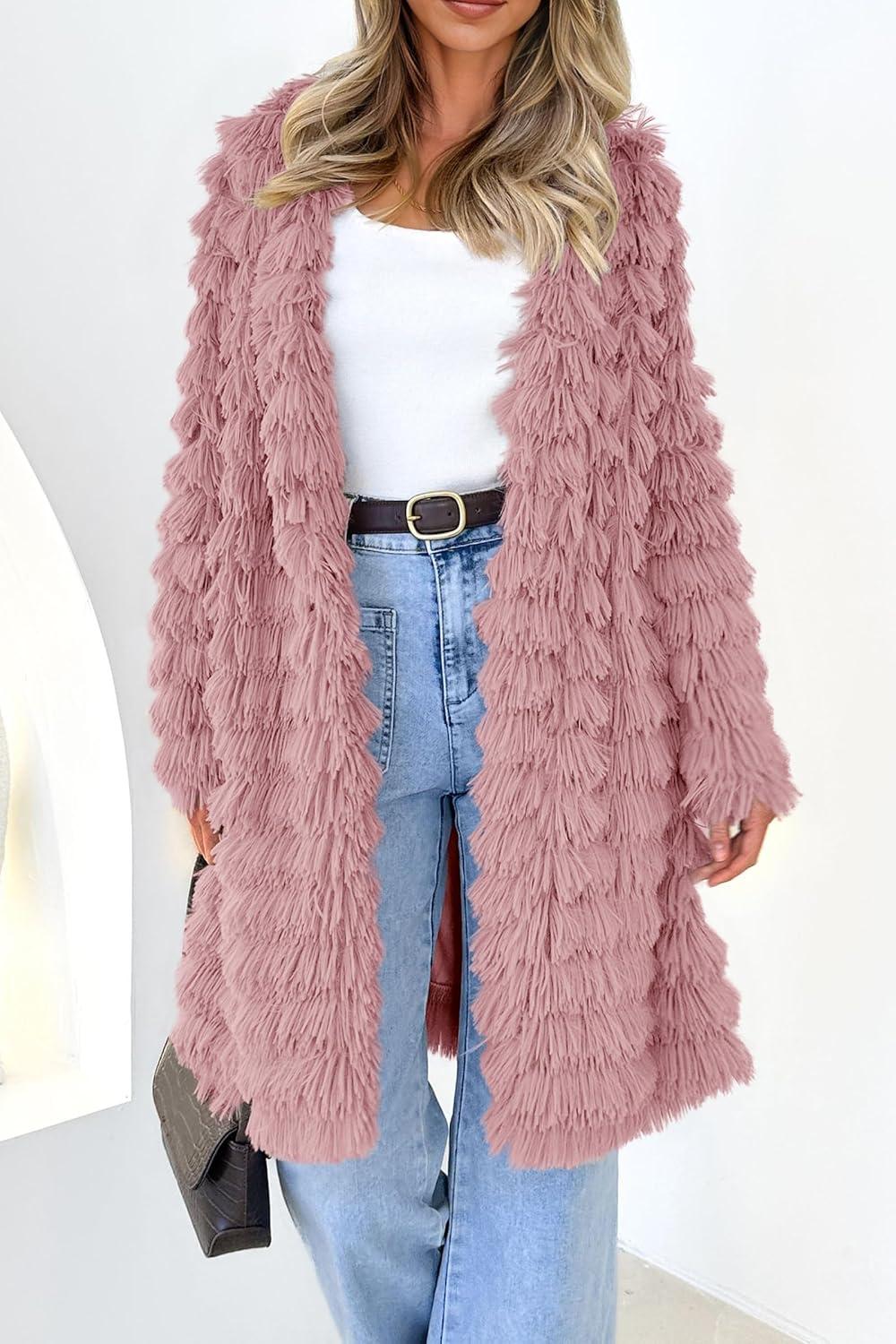 imagePRETTYGARDEN Womens Winter Faux Fur Jackets Fall Fashion Open Front Long Shaggy Coat Outerwear