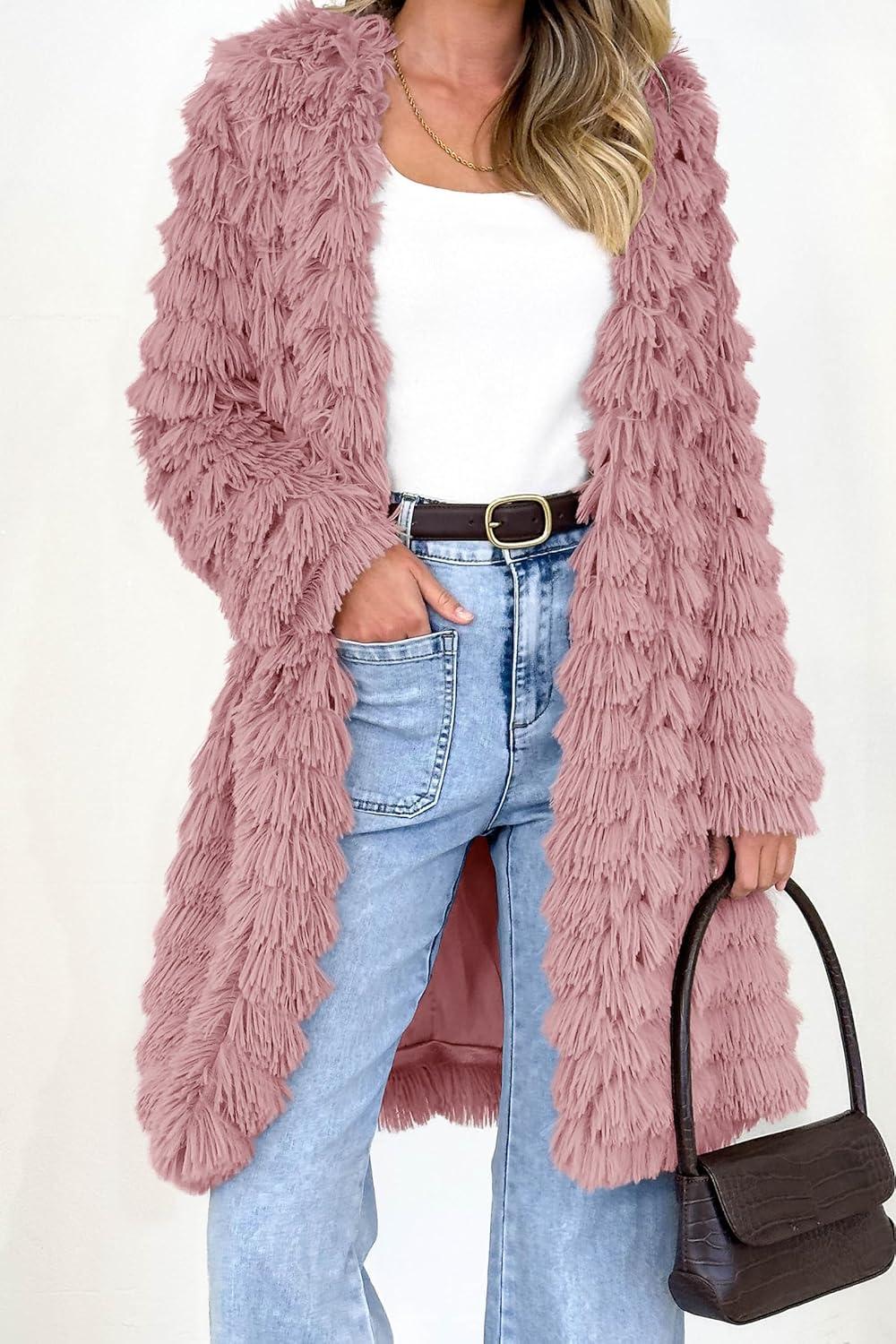imagePRETTYGARDEN Womens Winter Faux Fur Jackets Fall Fashion Open Front Long Shaggy Coat Outerwear