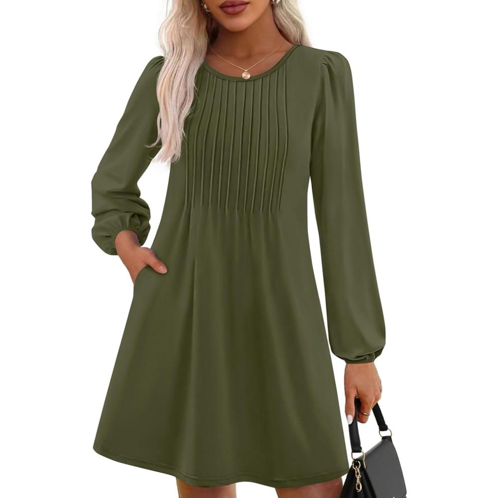 imagePRETTYGARDEN Fall Dresses for Women 2026 Long Sleeve Mini Short Flowy A Line Casual Holiday Party Tunic Dress Fashion ClothesArmy Green