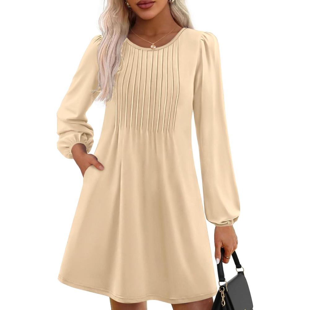 imagePRETTYGARDEN Fall Dresses for Women 2026 Long Sleeve Mini Short Flowy A Line Casual Holiday Party Tunic Dress Fashion ClothesBeige