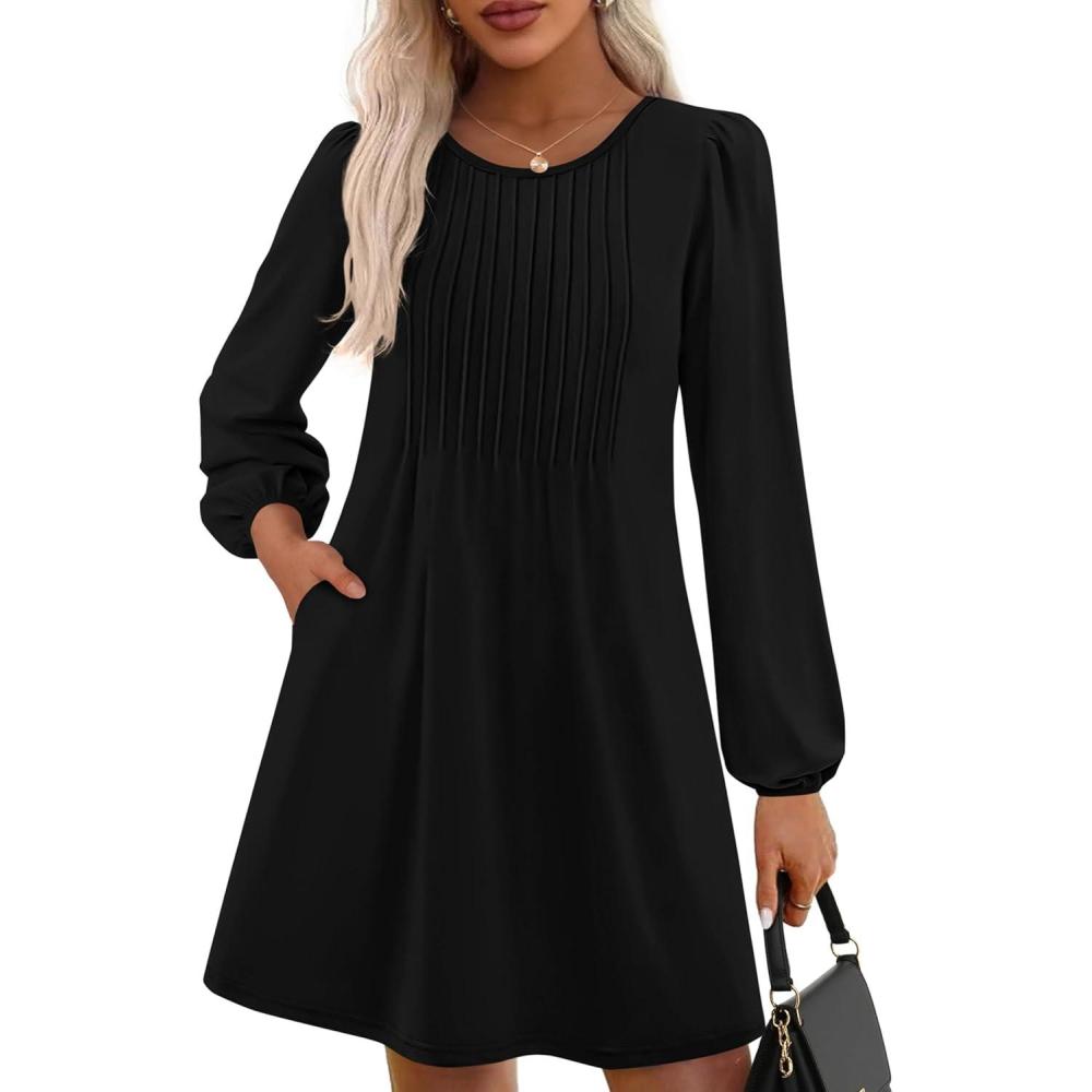 imagePRETTYGARDEN Fall Dresses for Women 2026 Long Sleeve Mini Short Flowy A Line Casual Holiday Party Tunic Dress Fashion ClothesBlack