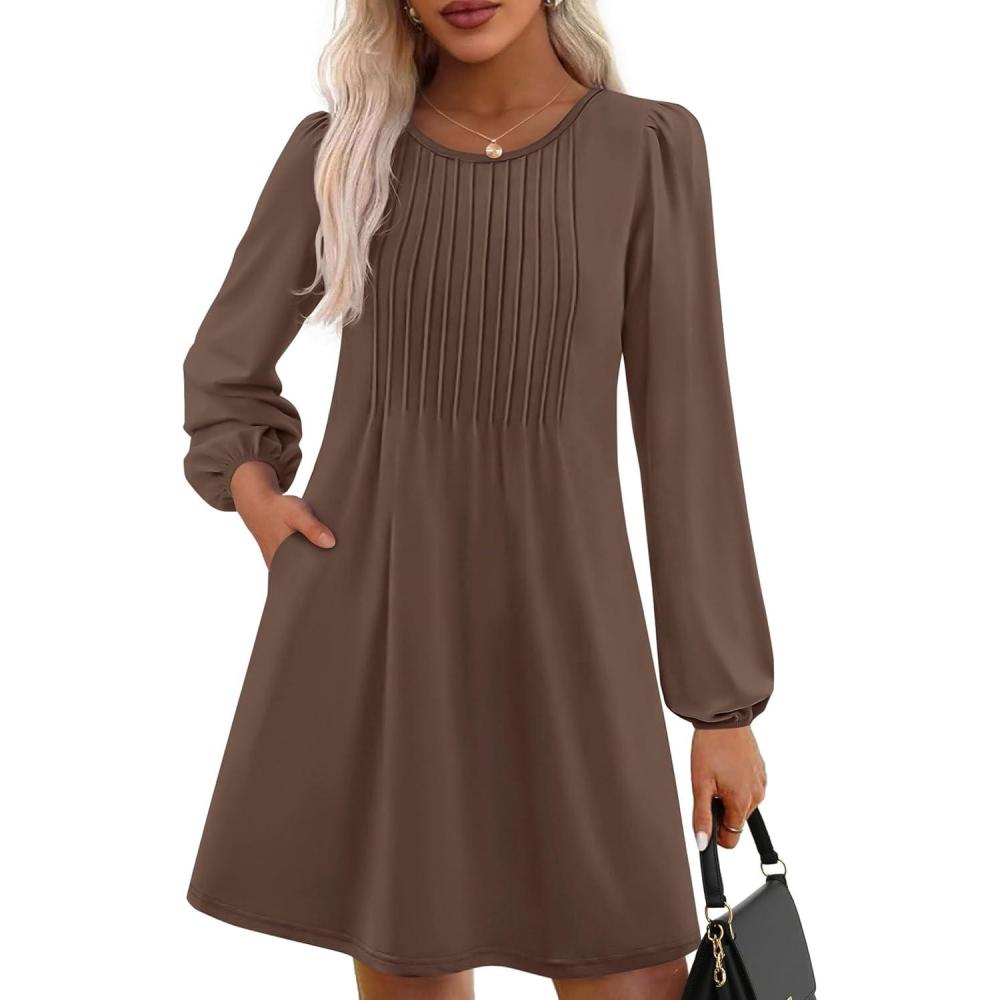 imagePRETTYGARDEN Fall Dresses for Women 2026 Long Sleeve Mini Short Flowy A Line Casual Holiday Party Tunic Dress Fashion ClothesBrown