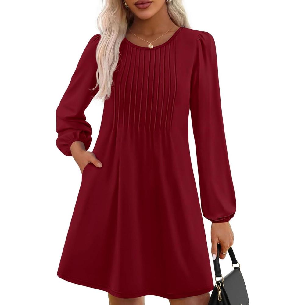 imagePRETTYGARDEN Fall Dresses for Women 2026 Long Sleeve Mini Short Flowy A Line Casual Holiday Party Tunic Dress Fashion ClothesBurgundy