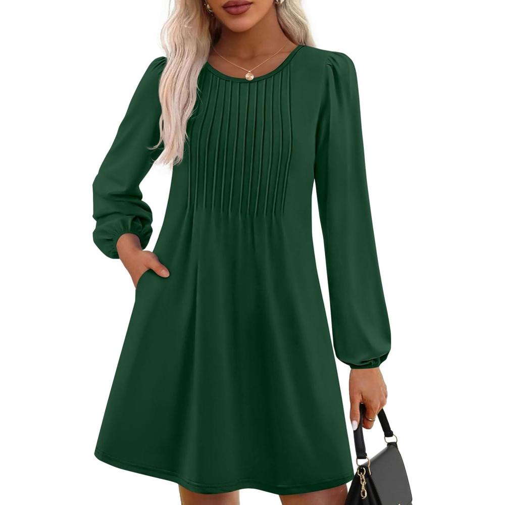 imagePRETTYGARDEN Fall Dresses for Women 2026 Long Sleeve Mini Short Flowy A Line Casual Holiday Party Tunic Dress Fashion ClothesDark Green