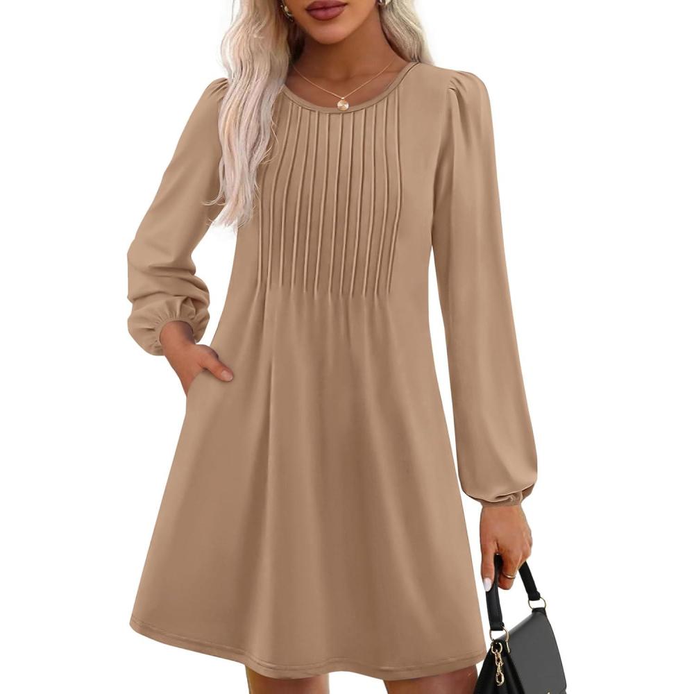 imagePRETTYGARDEN Fall Dresses for Women 2026 Long Sleeve Mini Short Flowy A Line Casual Holiday Party Tunic Dress Fashion ClothesKhaki