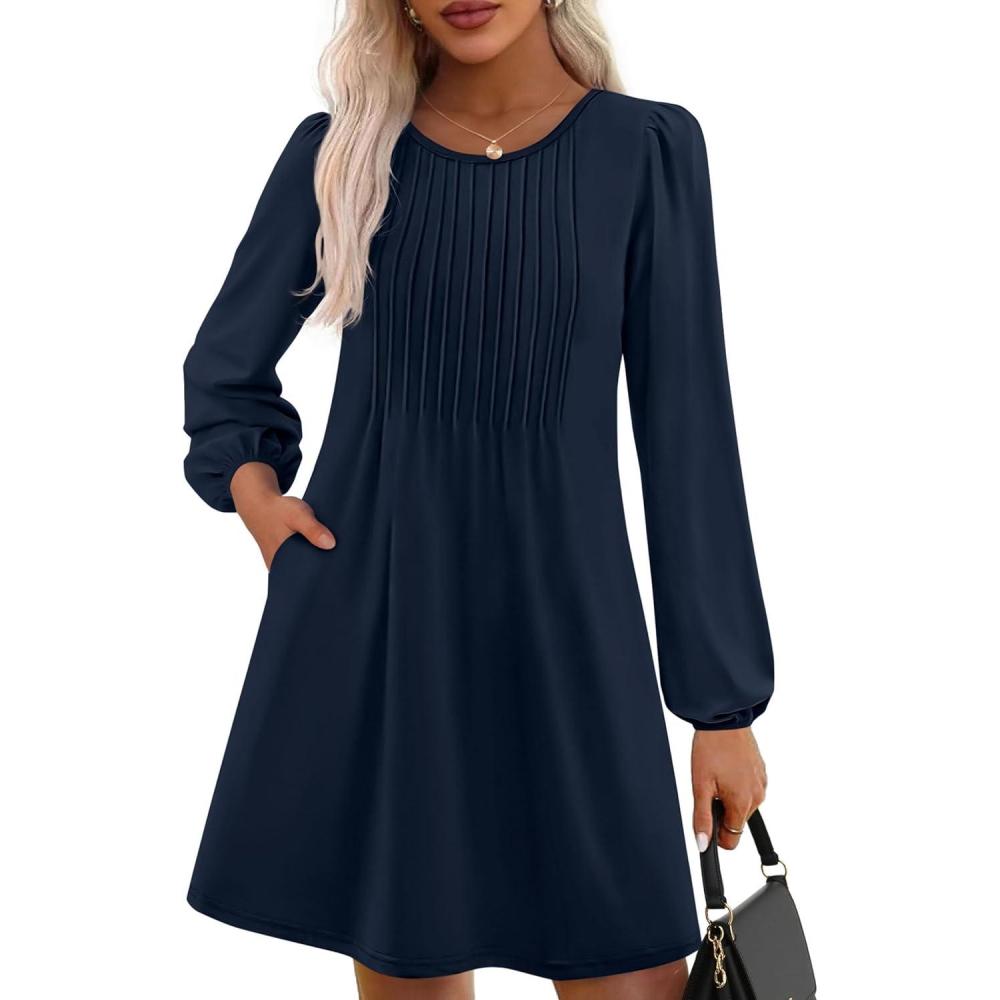 imagePRETTYGARDEN Fall Dresses for Women 2026 Long Sleeve Mini Short Flowy A Line Casual Holiday Party Tunic Dress Fashion ClothesNavy Blue