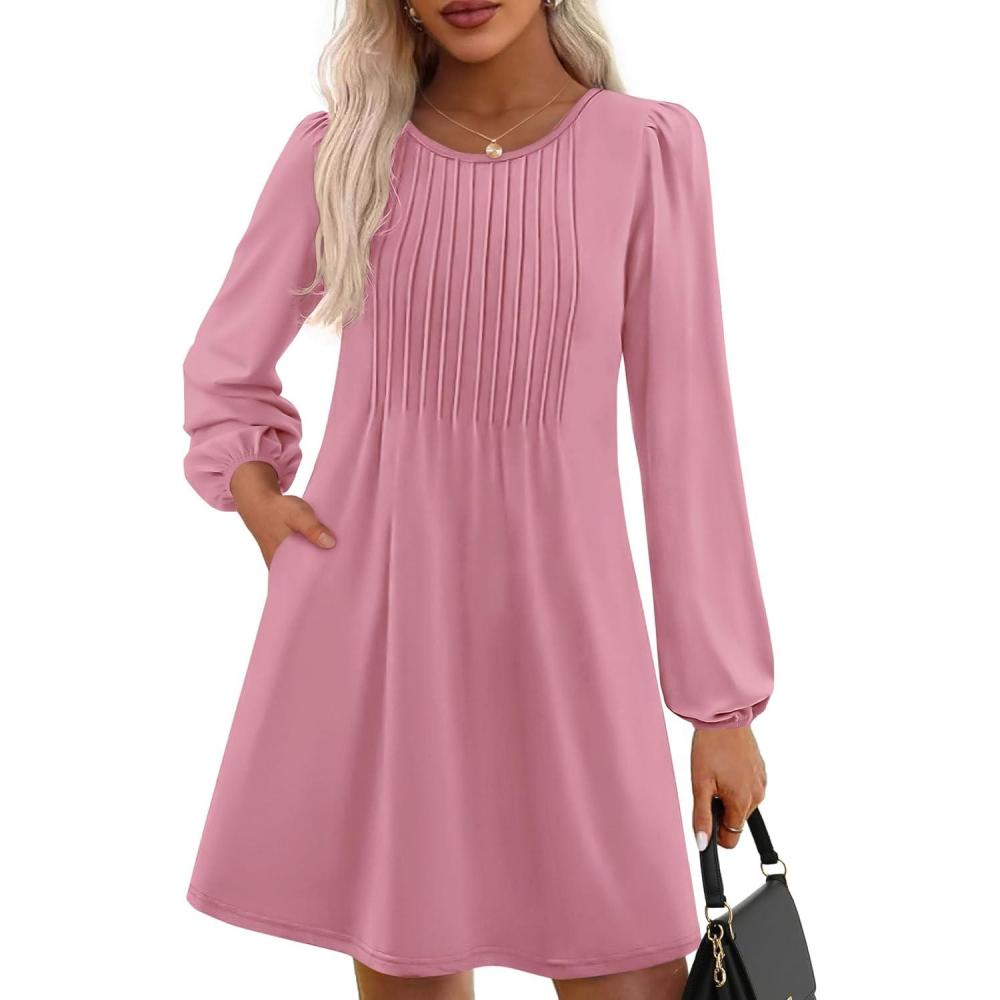 imagePRETTYGARDEN Fall Dresses for Women 2026 Long Sleeve Mini Short Flowy A Line Casual Holiday Party Tunic Dress Fashion ClothesPink