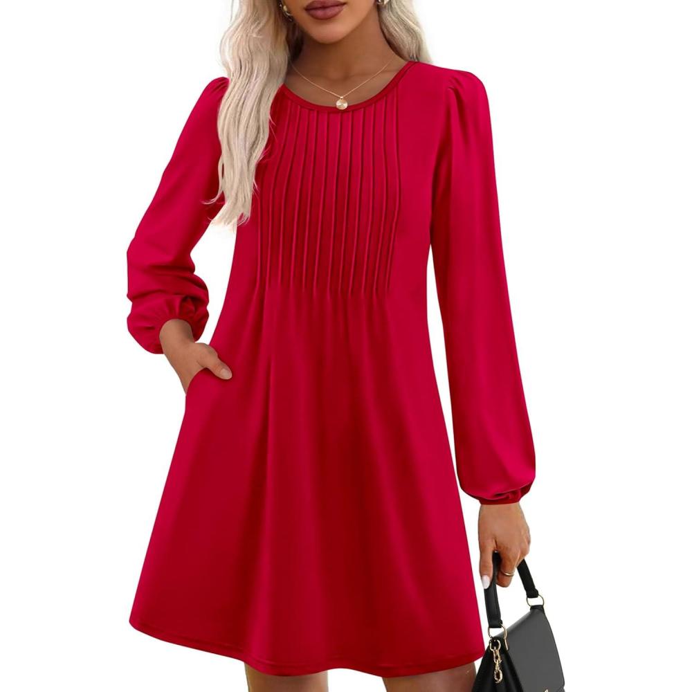 imagePRETTYGARDEN Fall Dresses for Women 2026 Long Sleeve Mini Short Flowy A Line Casual Holiday Party Tunic Dress Fashion ClothesRed