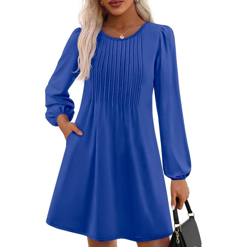 imagePRETTYGARDEN Fall Dresses for Women 2026 Long Sleeve Mini Short Flowy A Line Casual Holiday Party Tunic Dress Fashion ClothesRoyal Blue