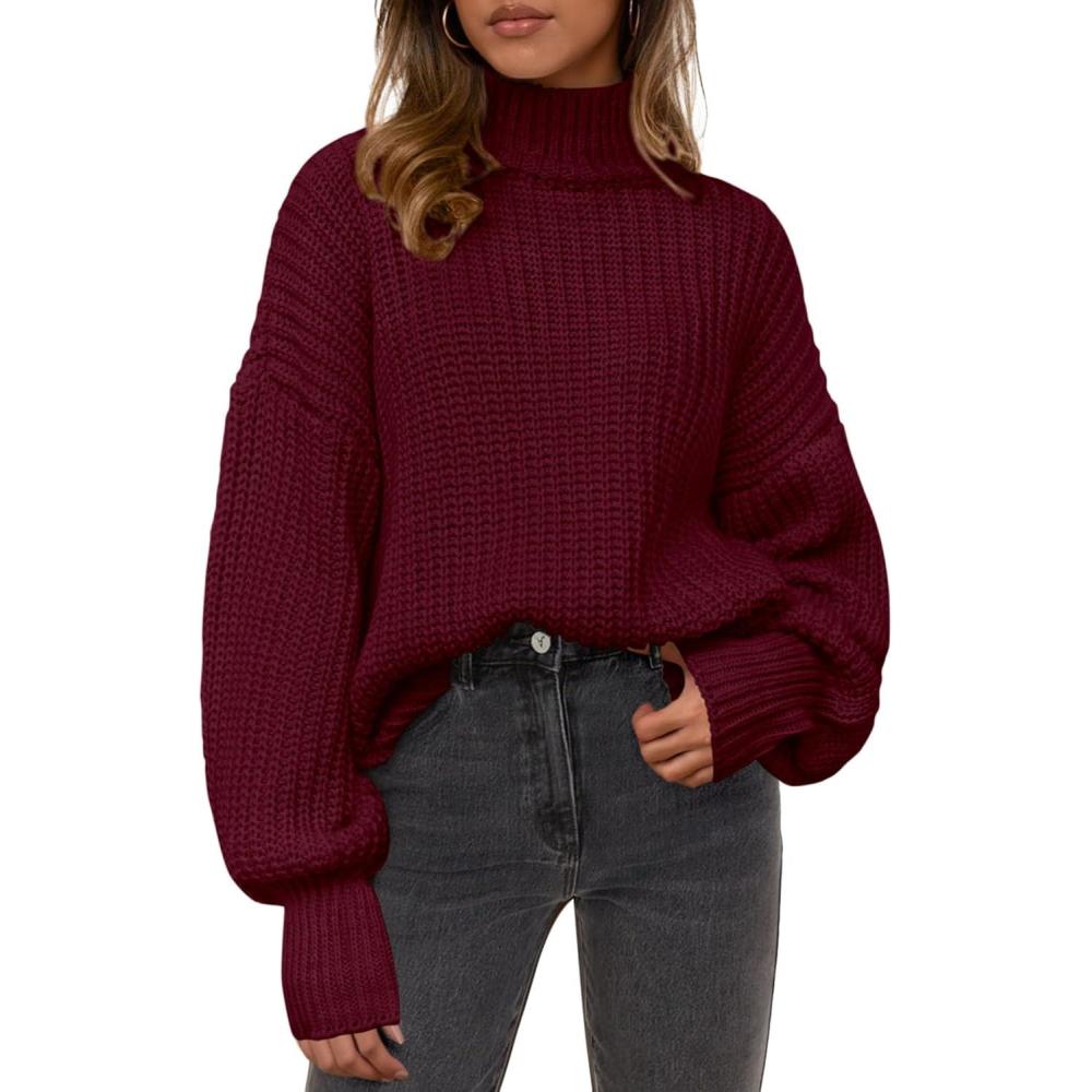 imagePRETTYGARDEN Fall Oversized Sweaters for Women Chunky Knit Long Sleeve Turtle Neck Pullover Jumper Tops Cozy Winter ClothingBurgundy
