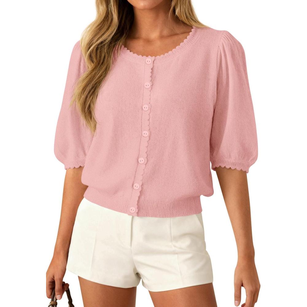 imagePRETTYGARDEN Puff Short Sleeve Cardigans for Women Lightweight 2026 Summer Shirts Button Up Knit Sweater Tops Spring ClothesPink