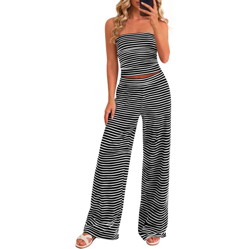 imagePRETTYGARDEN Summer Sets Women 2 Piece Outfits 2026 Matching Striped Loungewear Spring Airport Travel Beach Vacation ClothesBlack White