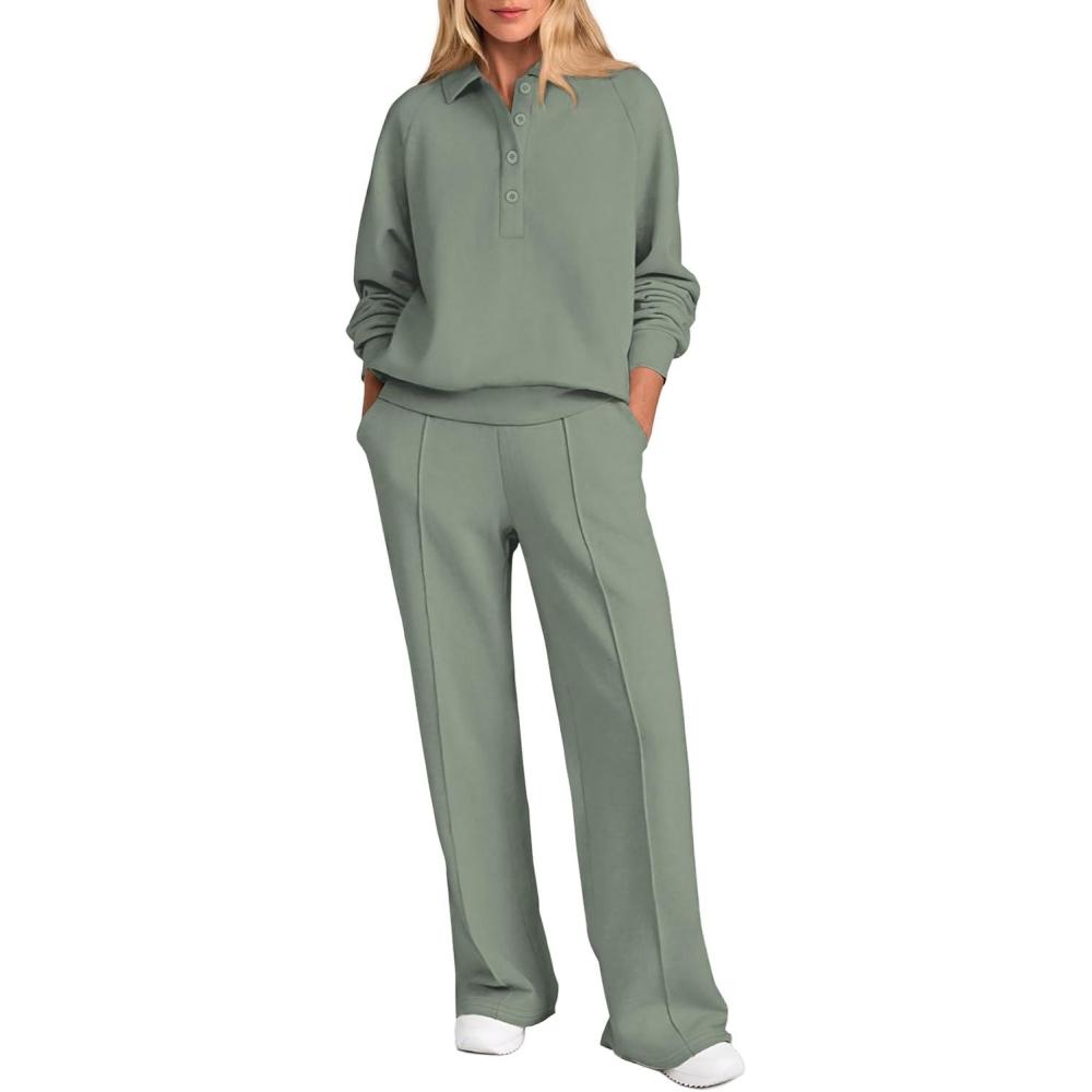 imagePRETTYGARDEN Women Fall 2 Piece Outfits Sweatsuits Quarter Button Long Sleeve Sweatshirt Wide Leg Pants Tracksuit Lounge SetsBean Green