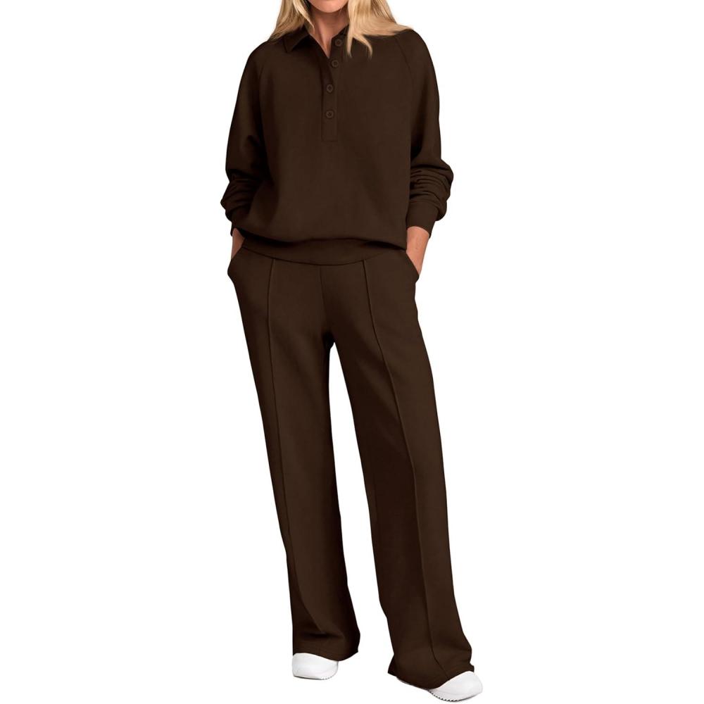 imagePRETTYGARDEN Women Fall 2 Piece Outfits Sweatsuits Quarter Button Long Sleeve Sweatshirt Wide Leg Pants Tracksuit Lounge SetsDark Brown