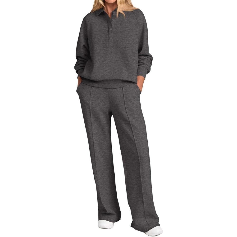 imagePRETTYGARDEN Women Fall 2 Piece Outfits Sweatsuits Quarter Button Long Sleeve Sweatshirt Wide Leg Pants Tracksuit Lounge SetsDark Grey
