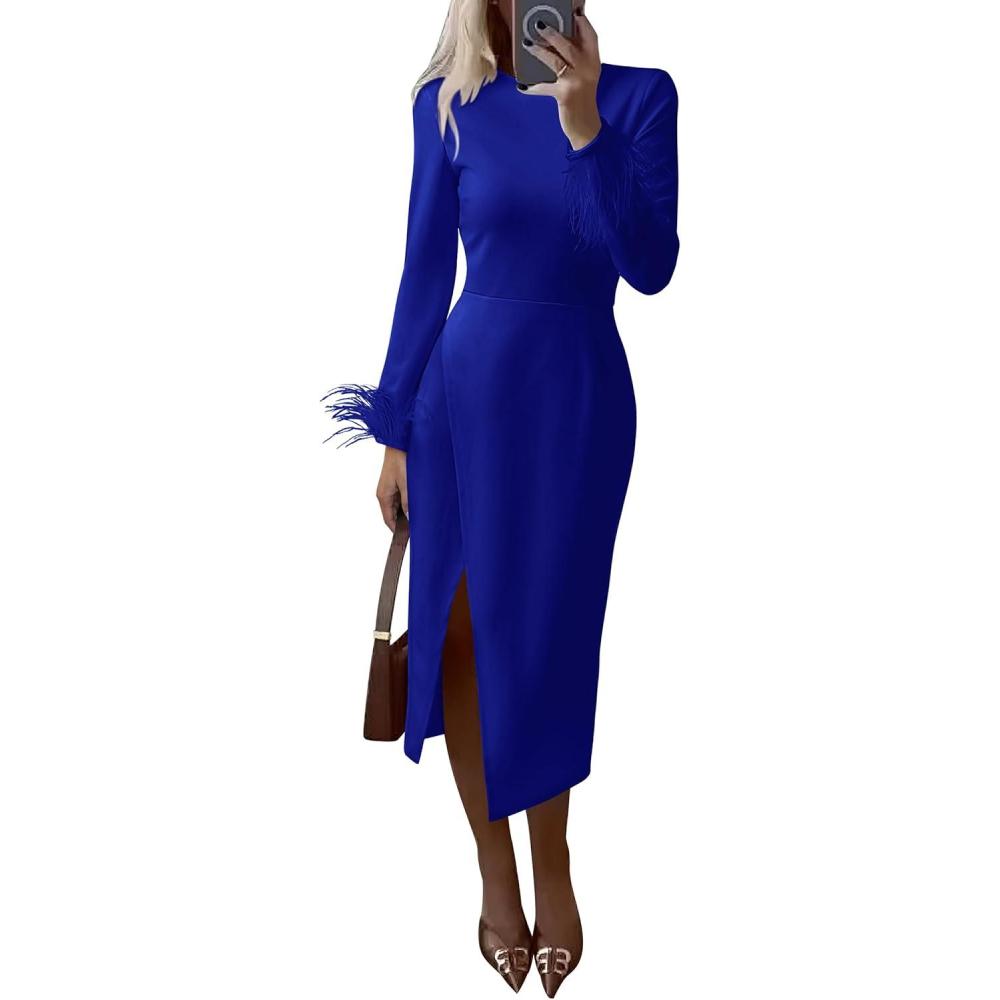 imagePRETTYGARDEN Womens 2025 Fall Long Sleeve Dress Formal Midi Bodycon Wrap Slit Feather Elegant Wedding Guest Cocktail DressesBlue